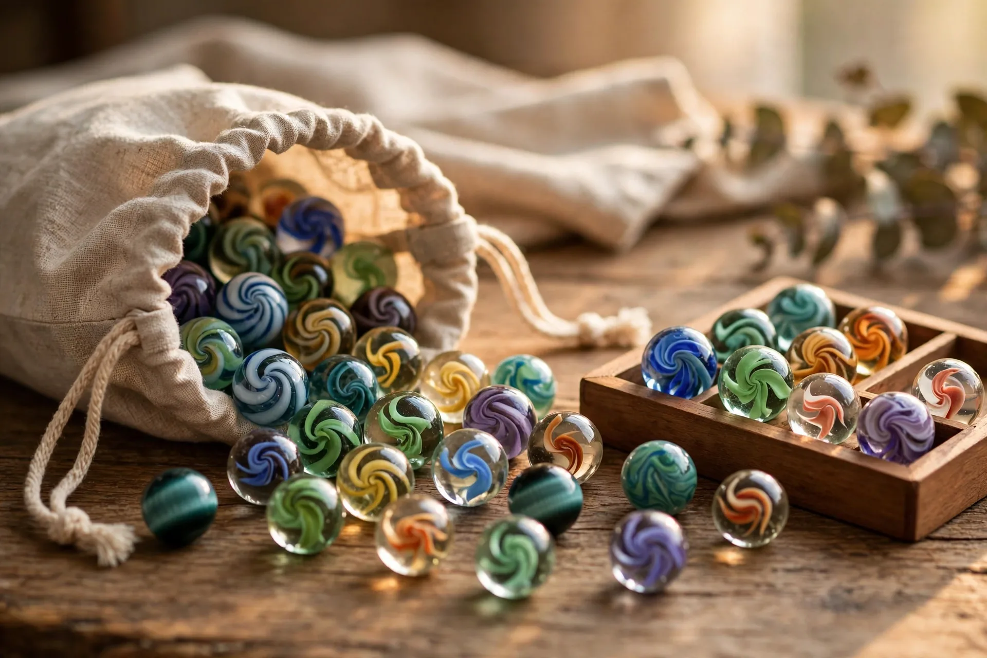Marble set with swirled glass marbles in a drawstring bag