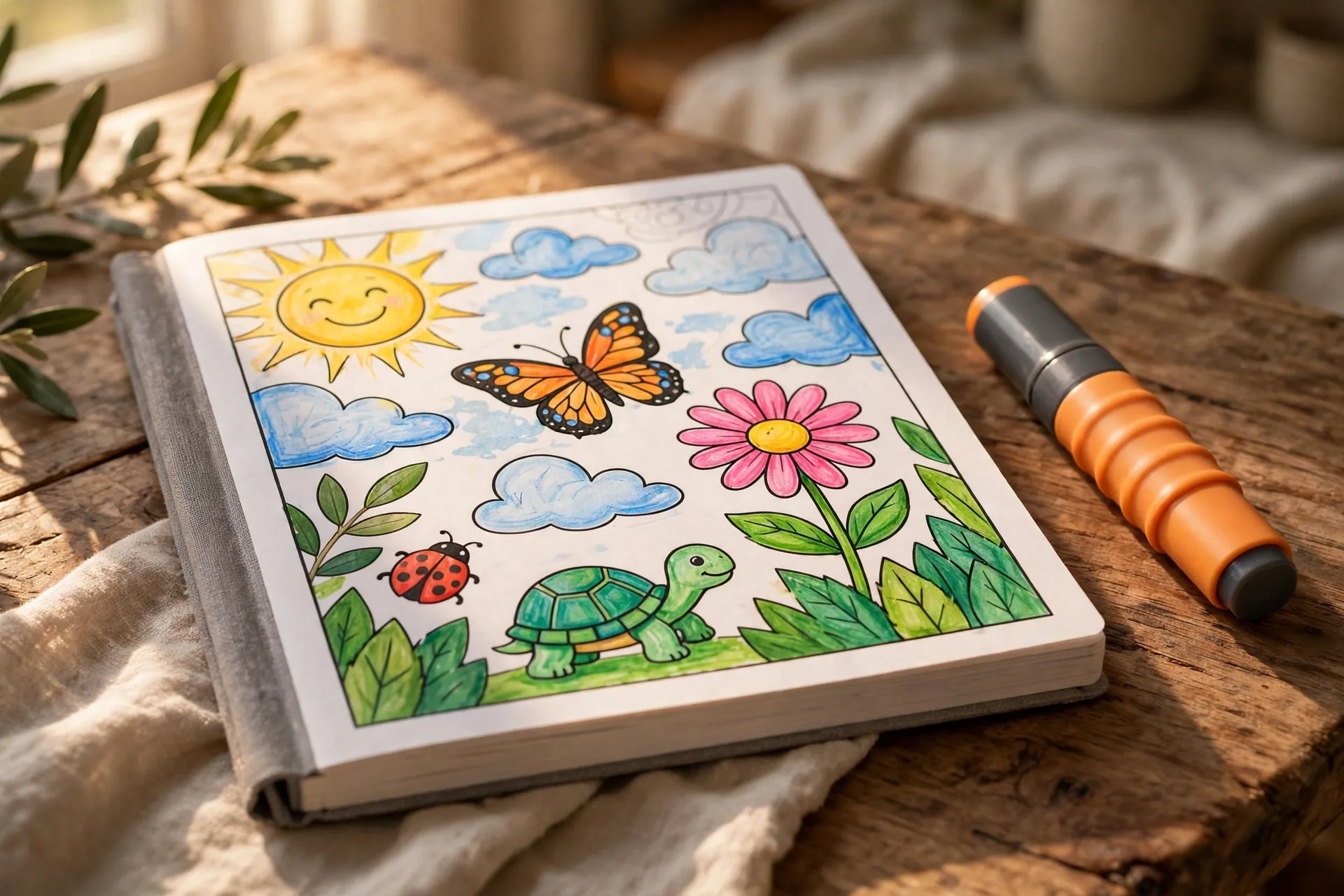 Mess-free coloring pad with a special marker on a car seat tray