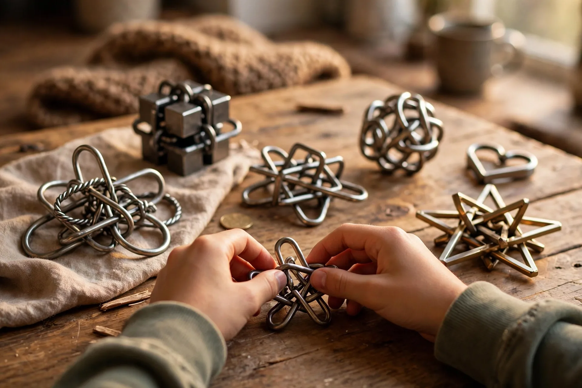 Metal brain teaser puzzles on a table