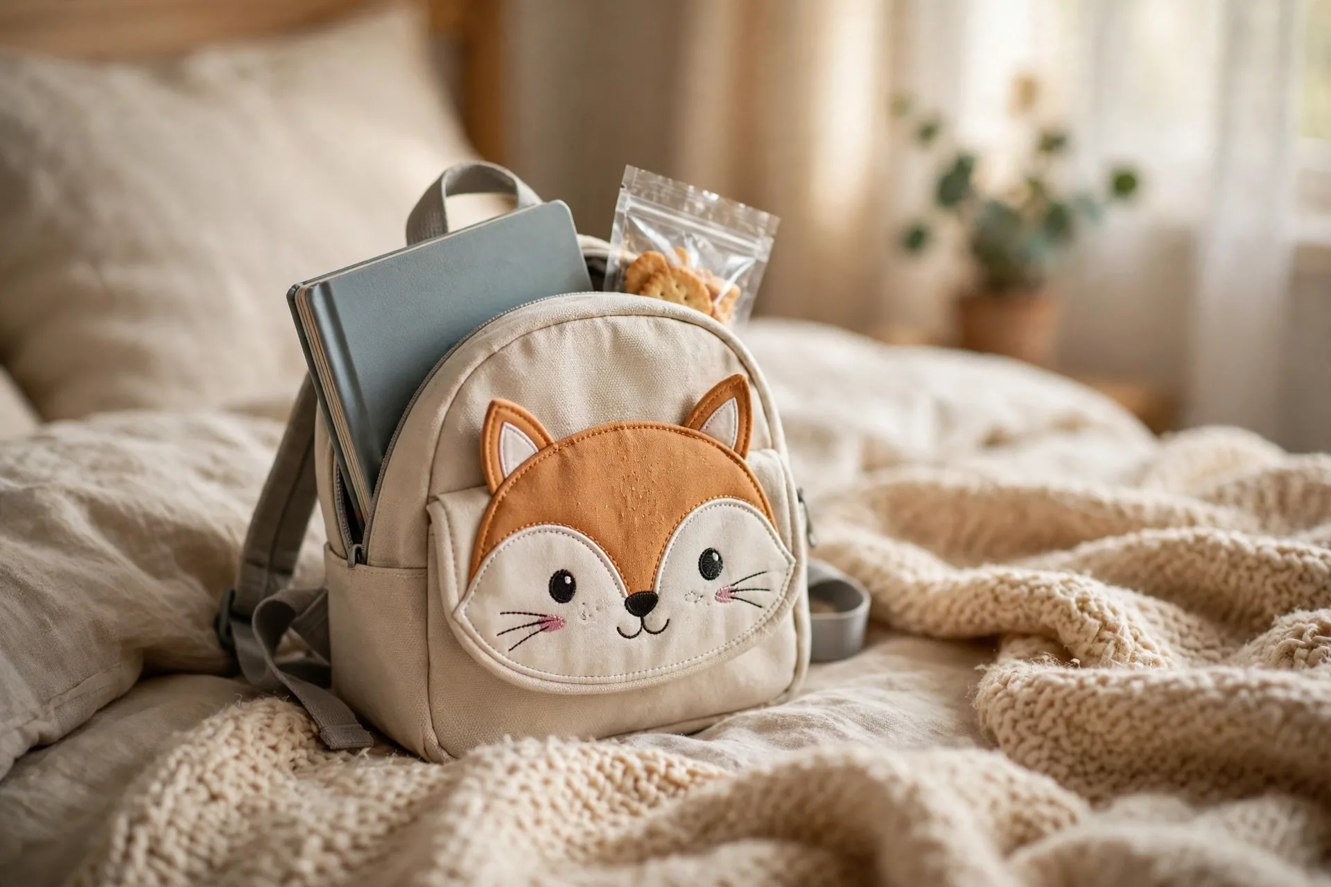Mini toddler backpack with an animal face on a bed