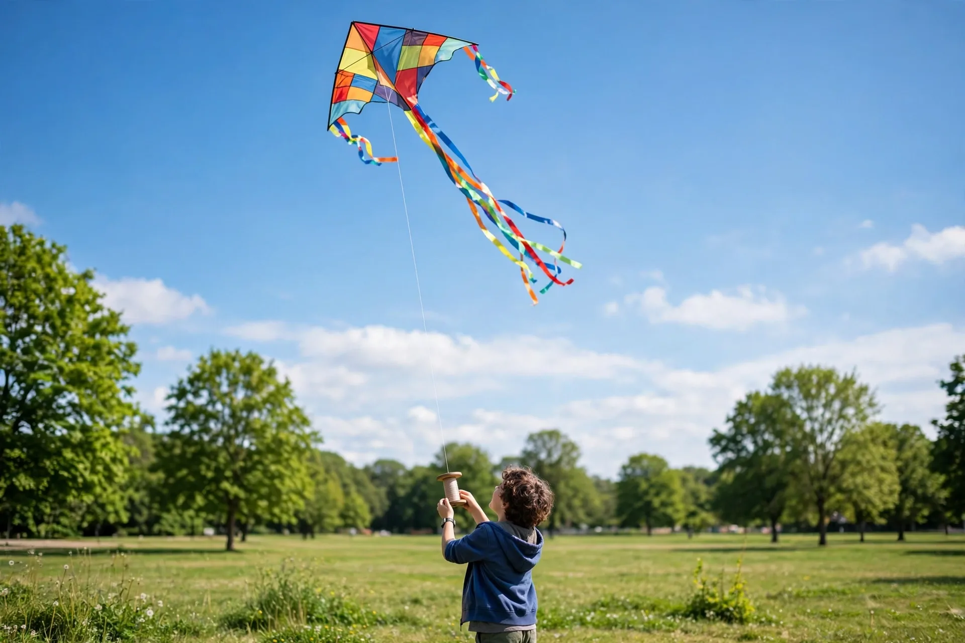 Mini colorful kite flying in a park sky