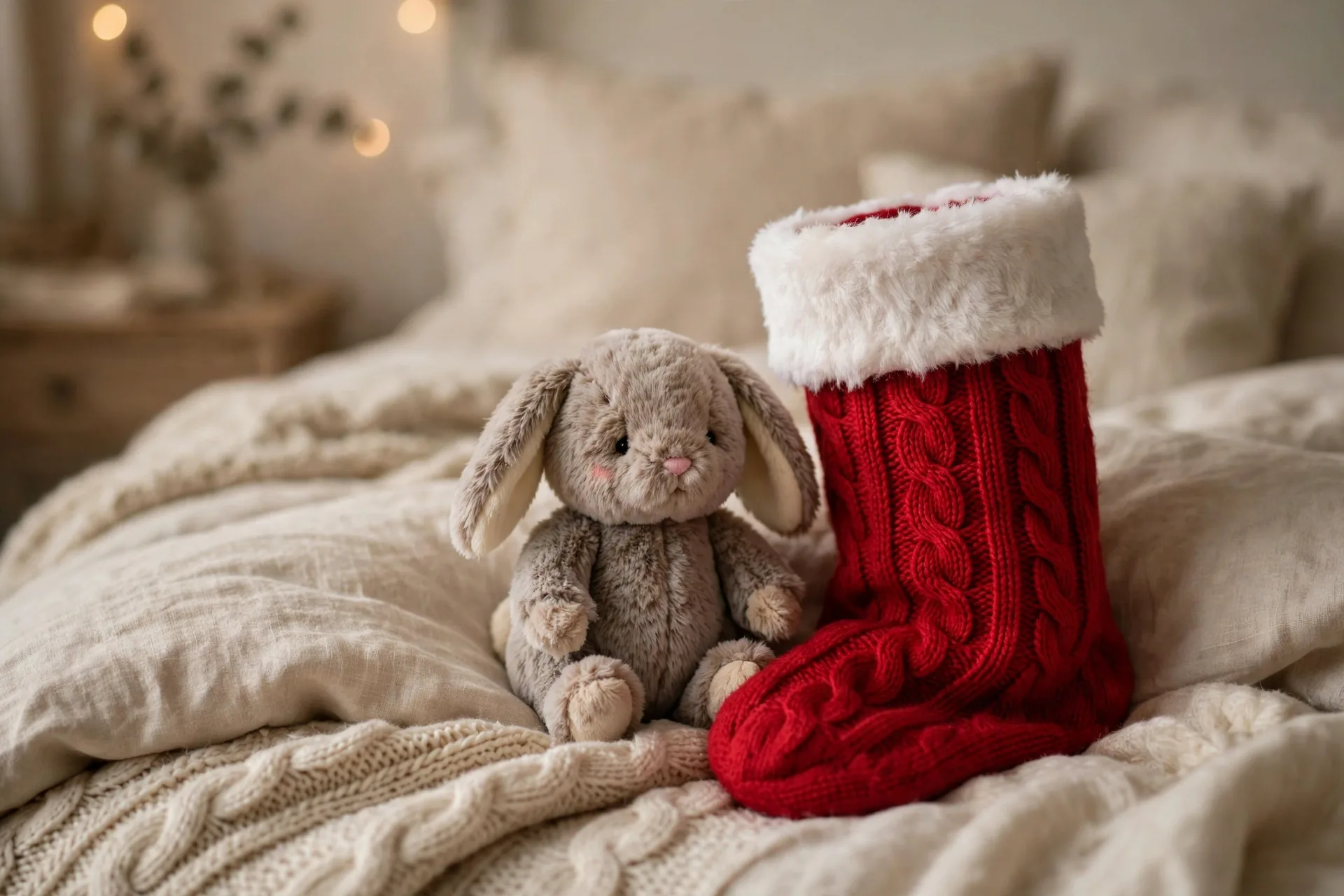 Small plush animal toy sitting on a bed next to a Christmas stocking
