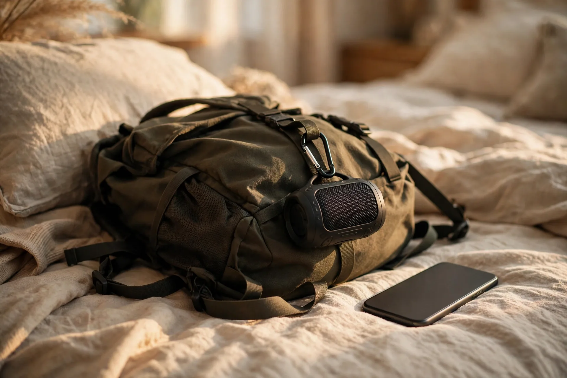 Mini portable speaker clipped to a backpack