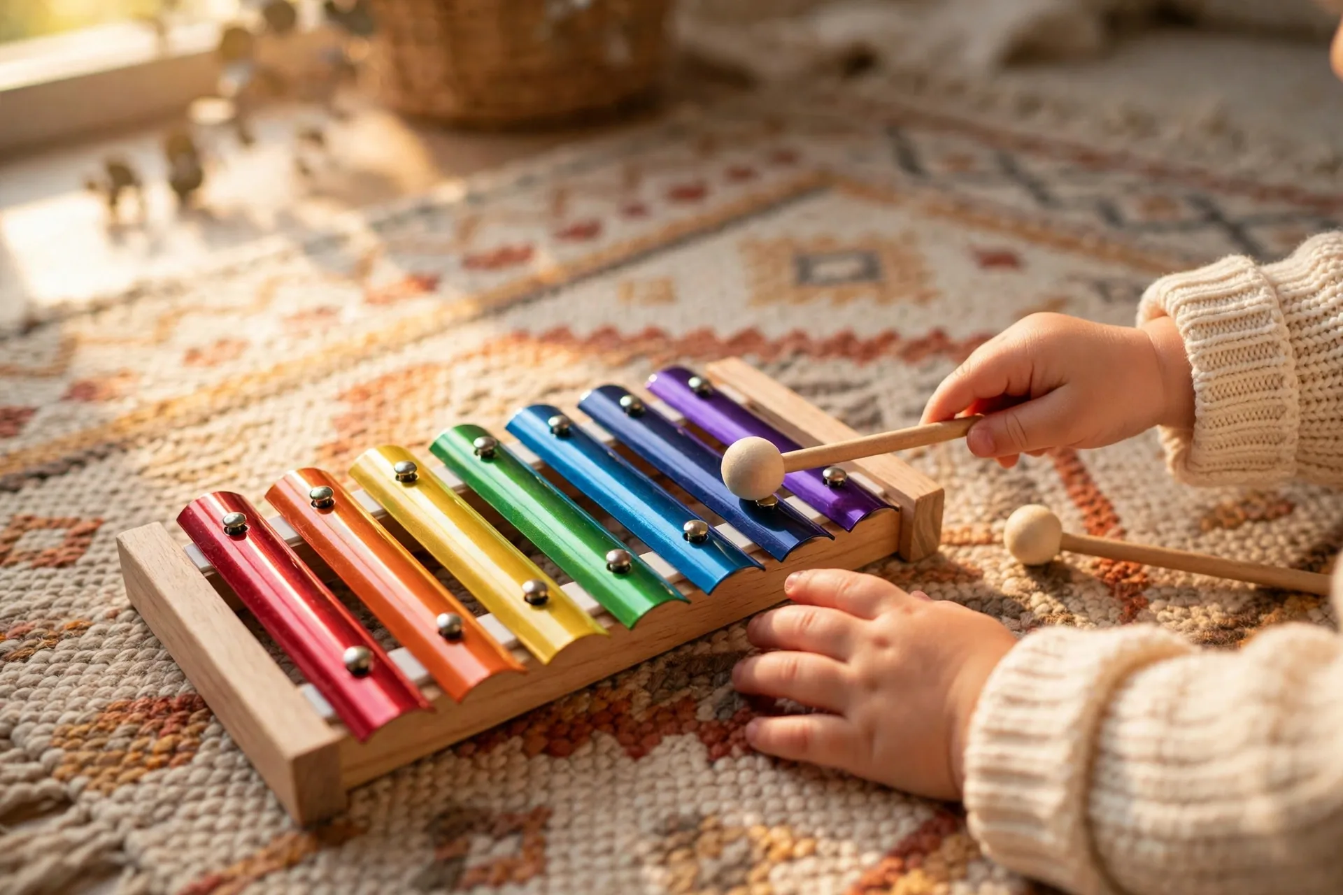 Mini xylophone with rainbow metal bars and mallets on a rug