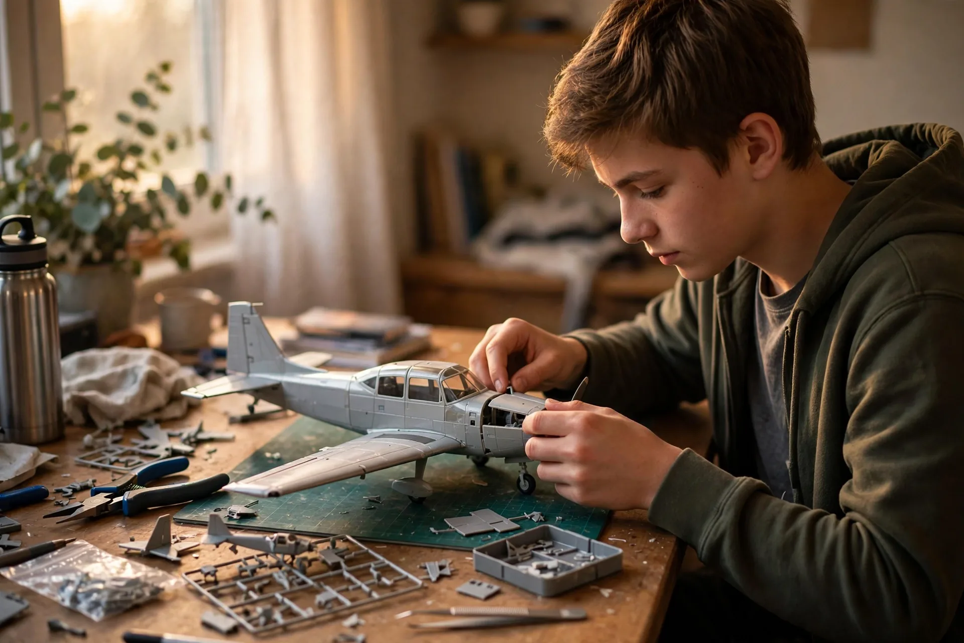 Snap-fit model airplane kit half built on a desk