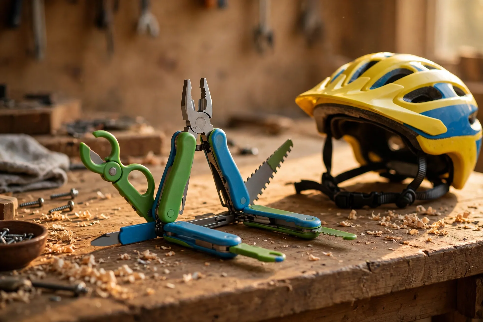 Kid-safe multi-tool open on a workbench with a bike helmet