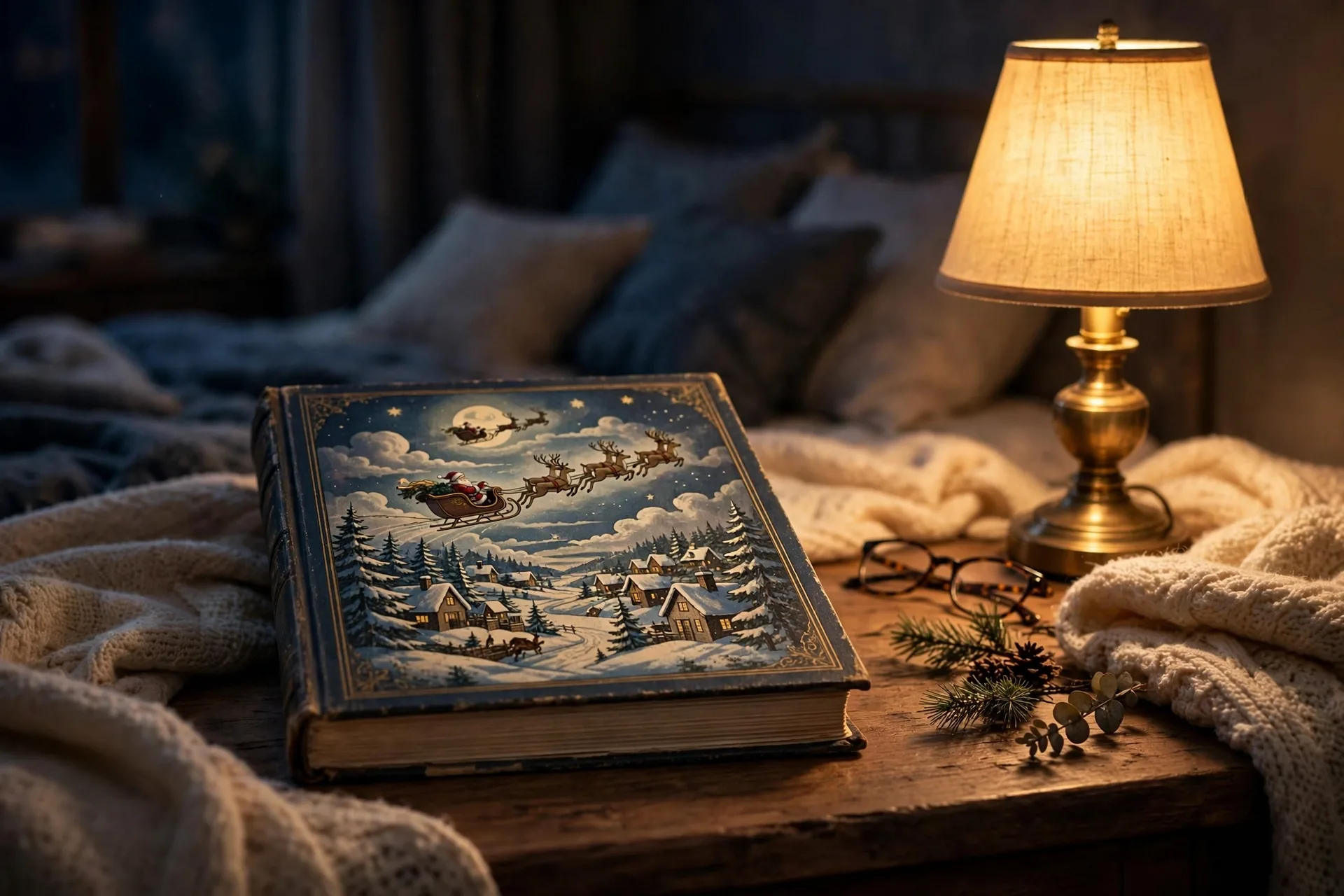 Classic edition of The Night Before Christmas book on a bedside table