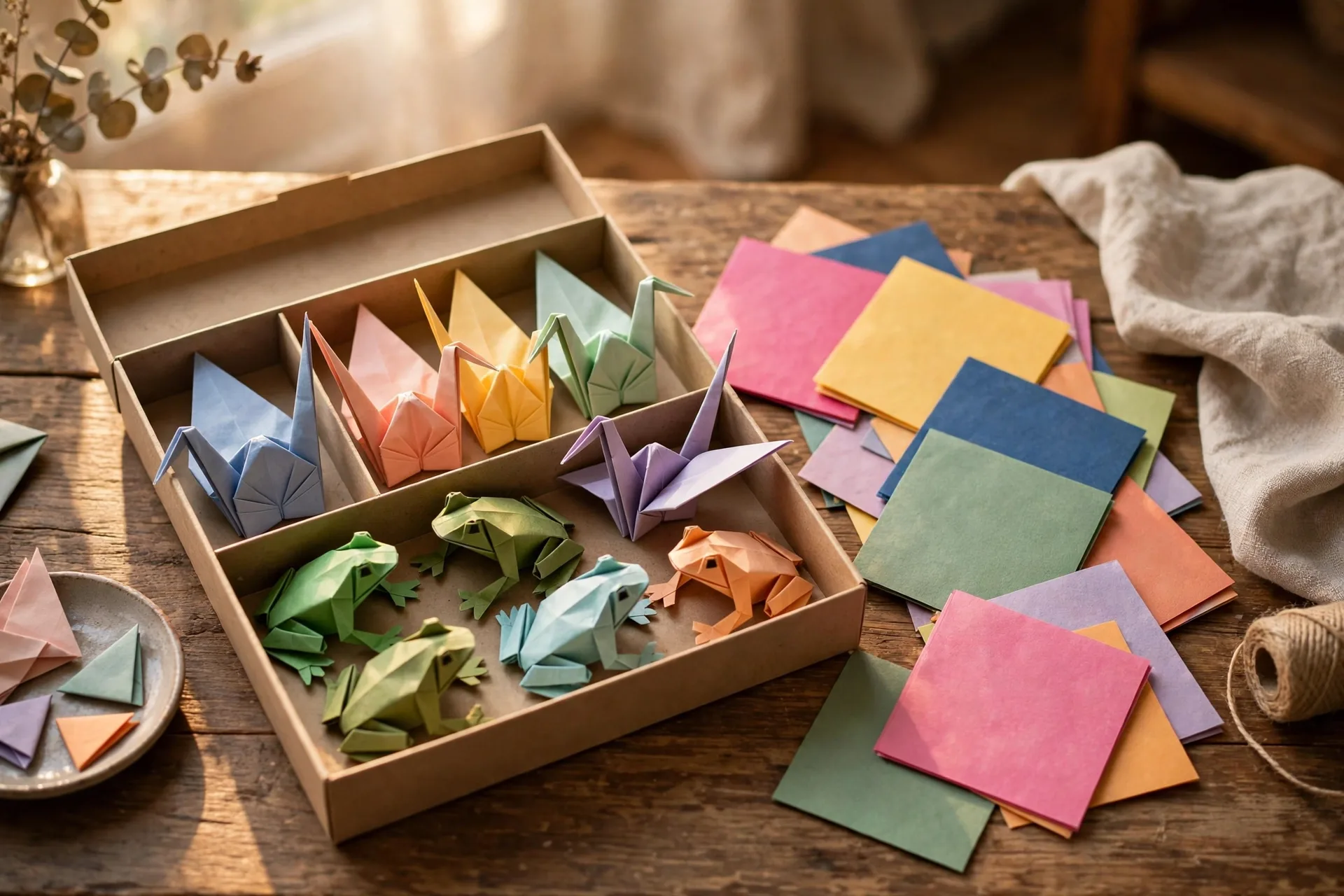 Origami paper kit with folded paper animals on a table
