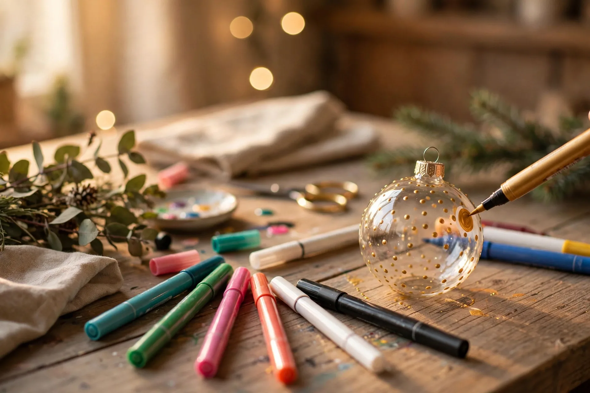Acrylic paint pens and a plain ornament being decorated on a table
