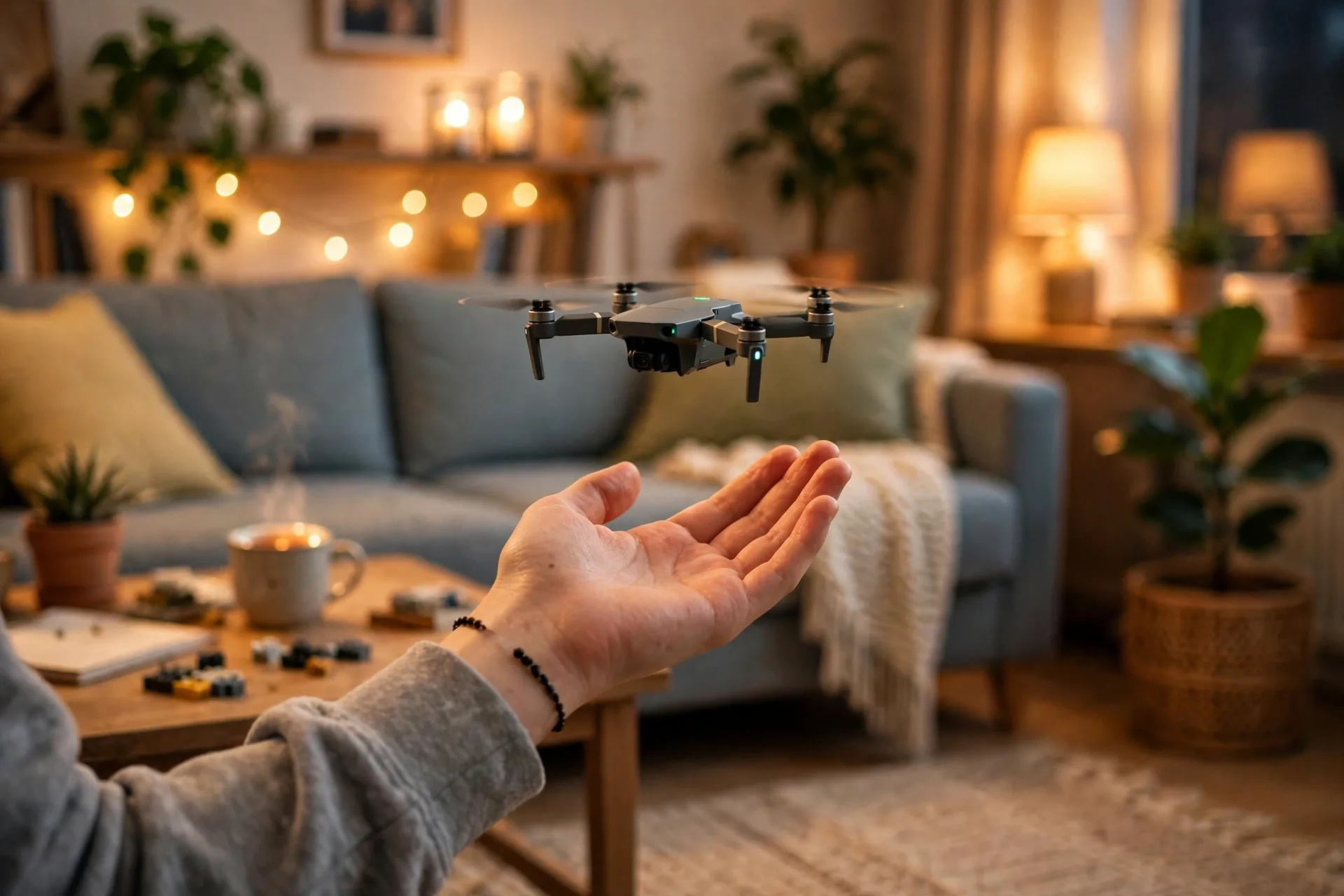 Palm-size mini drone hovering above a teens hand indoors