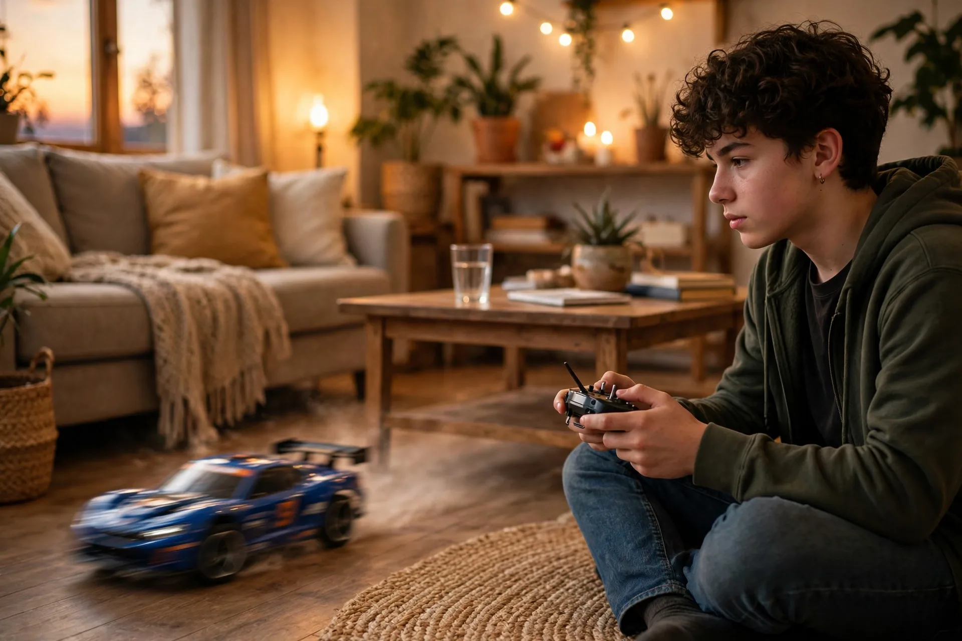 Palm-size remote control car racing across a living room floor