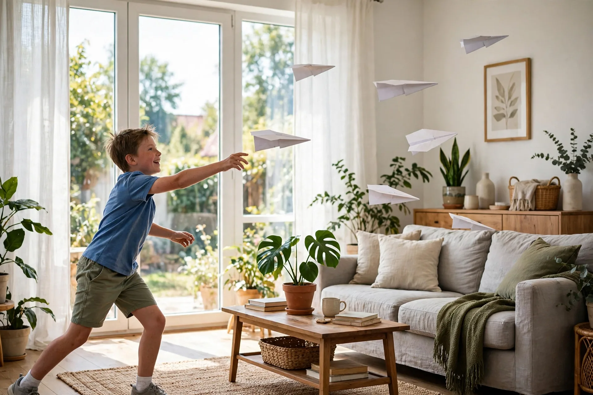 Paper airplane kit with folded planes flying across a living room