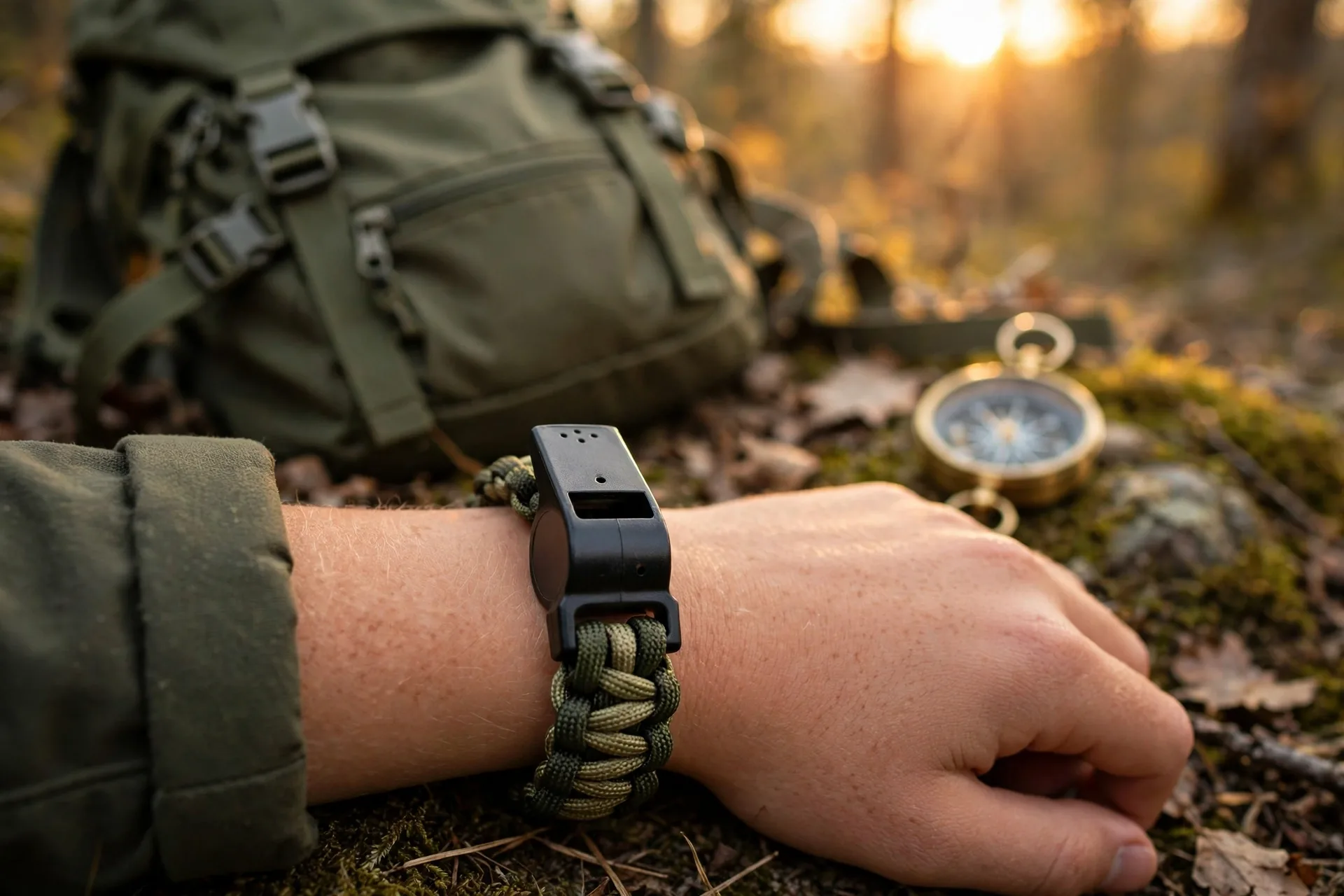 Paracord survival bracelet with whistle buckle on a wrist