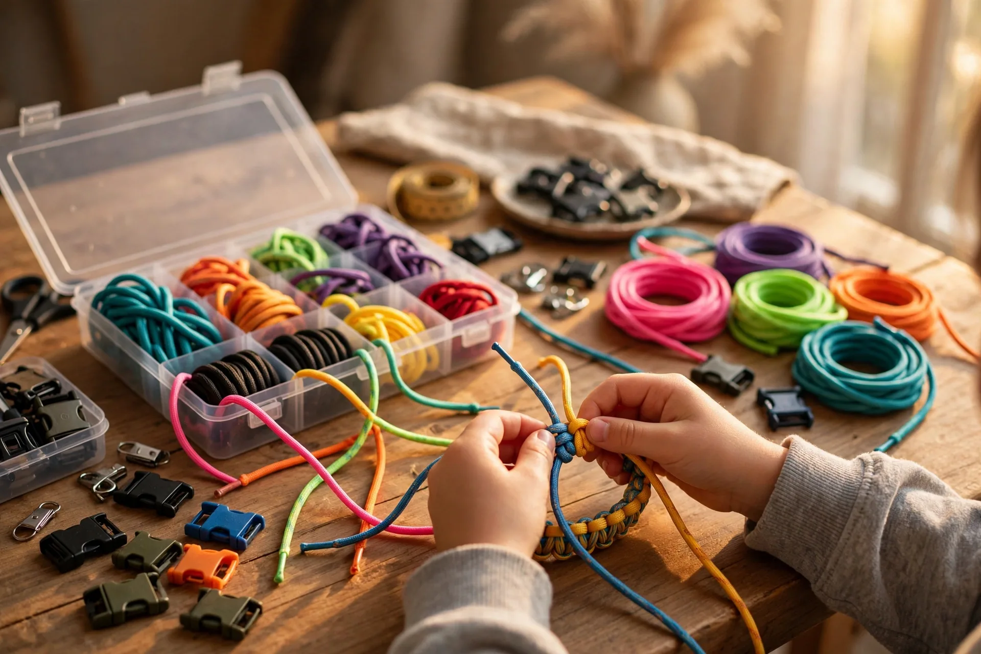Paracord bracelet making kit with colorful cords and buckles