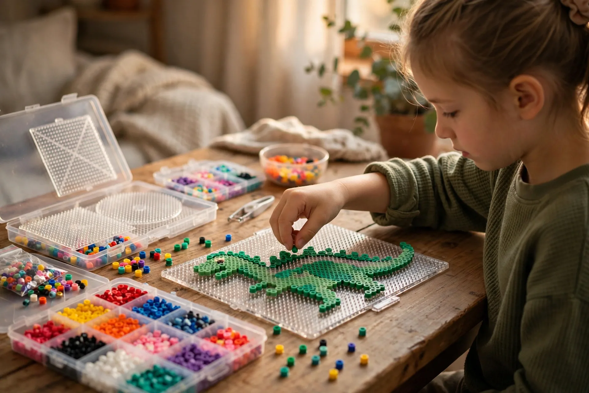 Perler bead kit with pegboards and colorful beads on a table
