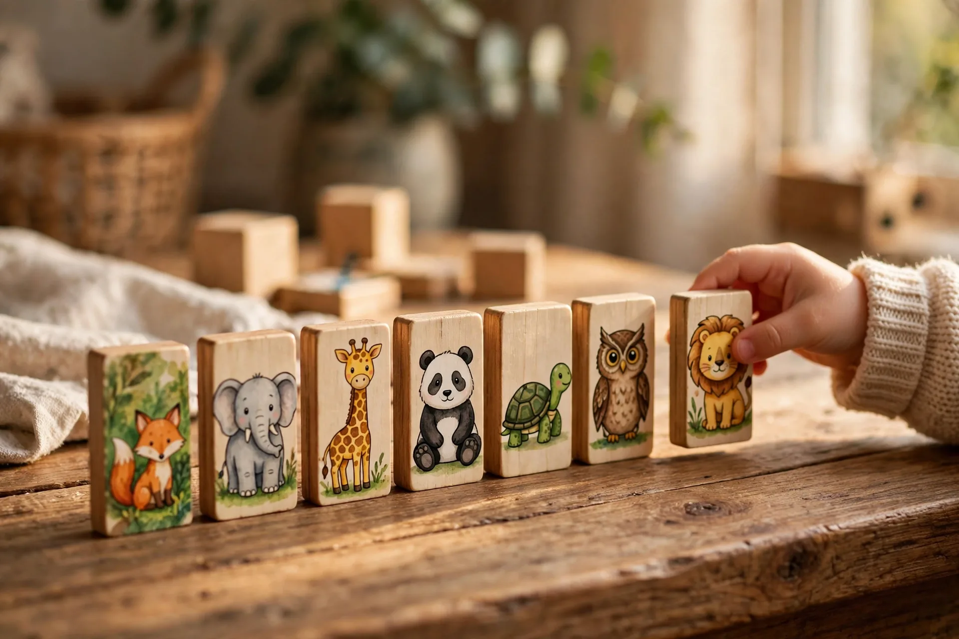 Picture dominoes with animals lined up on a table