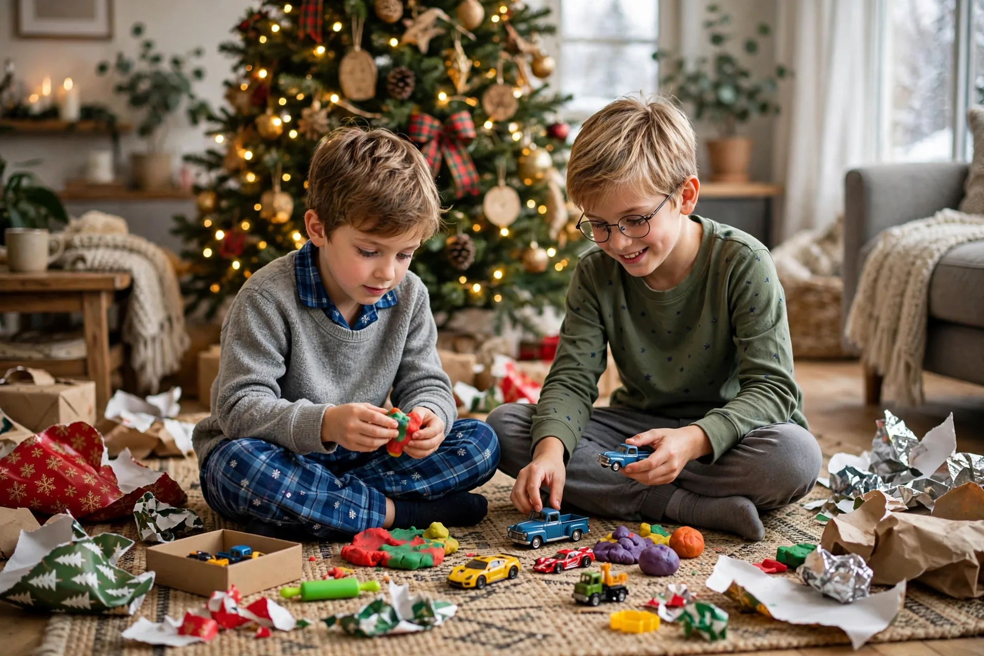 Two young brothers on a living room rug on Christmas morning playing with miniature toy cars and colorful modeling dough, torn wrapping paper around them