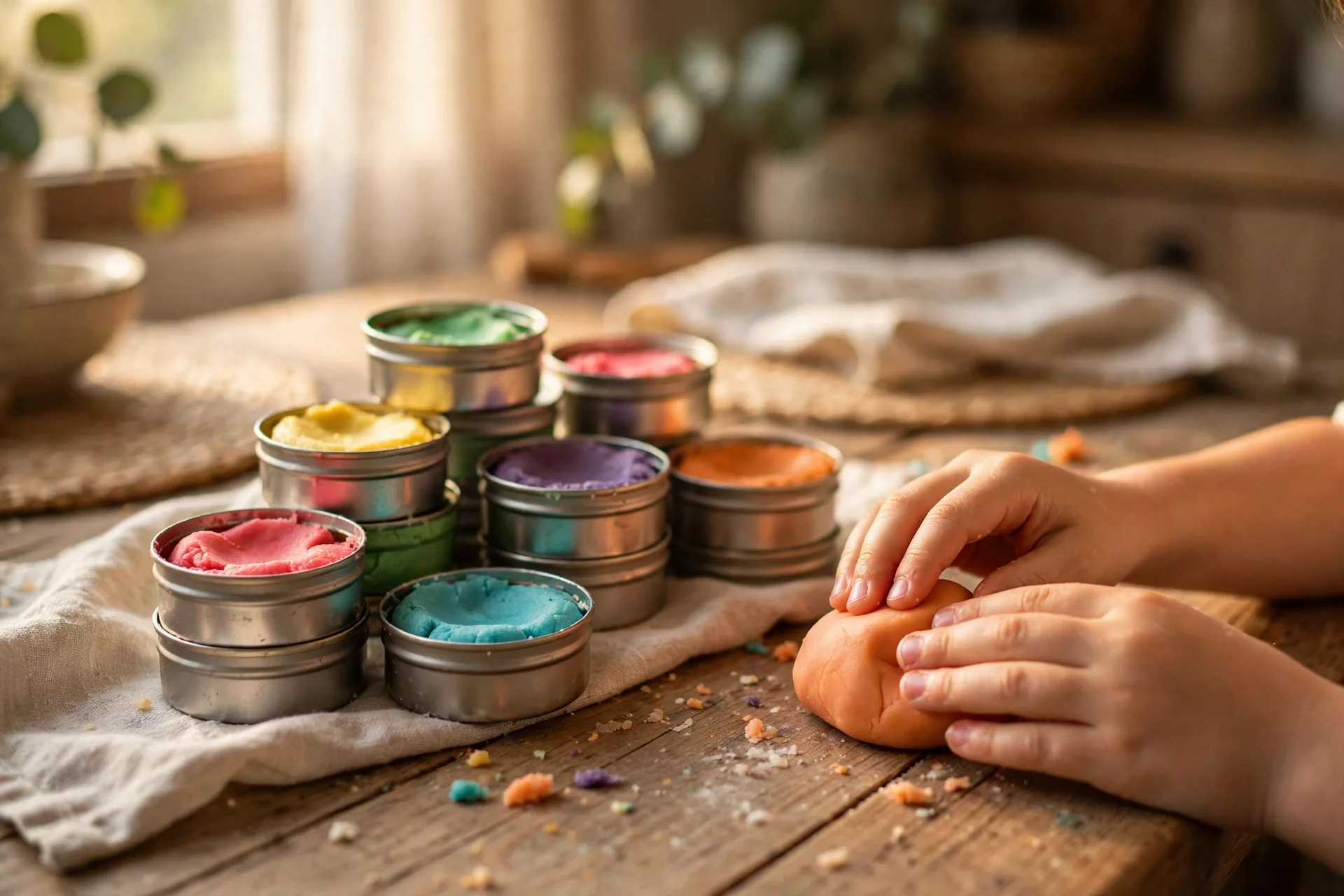 Mini cans of Play-Doh in bright colors stacked on a kitchen table