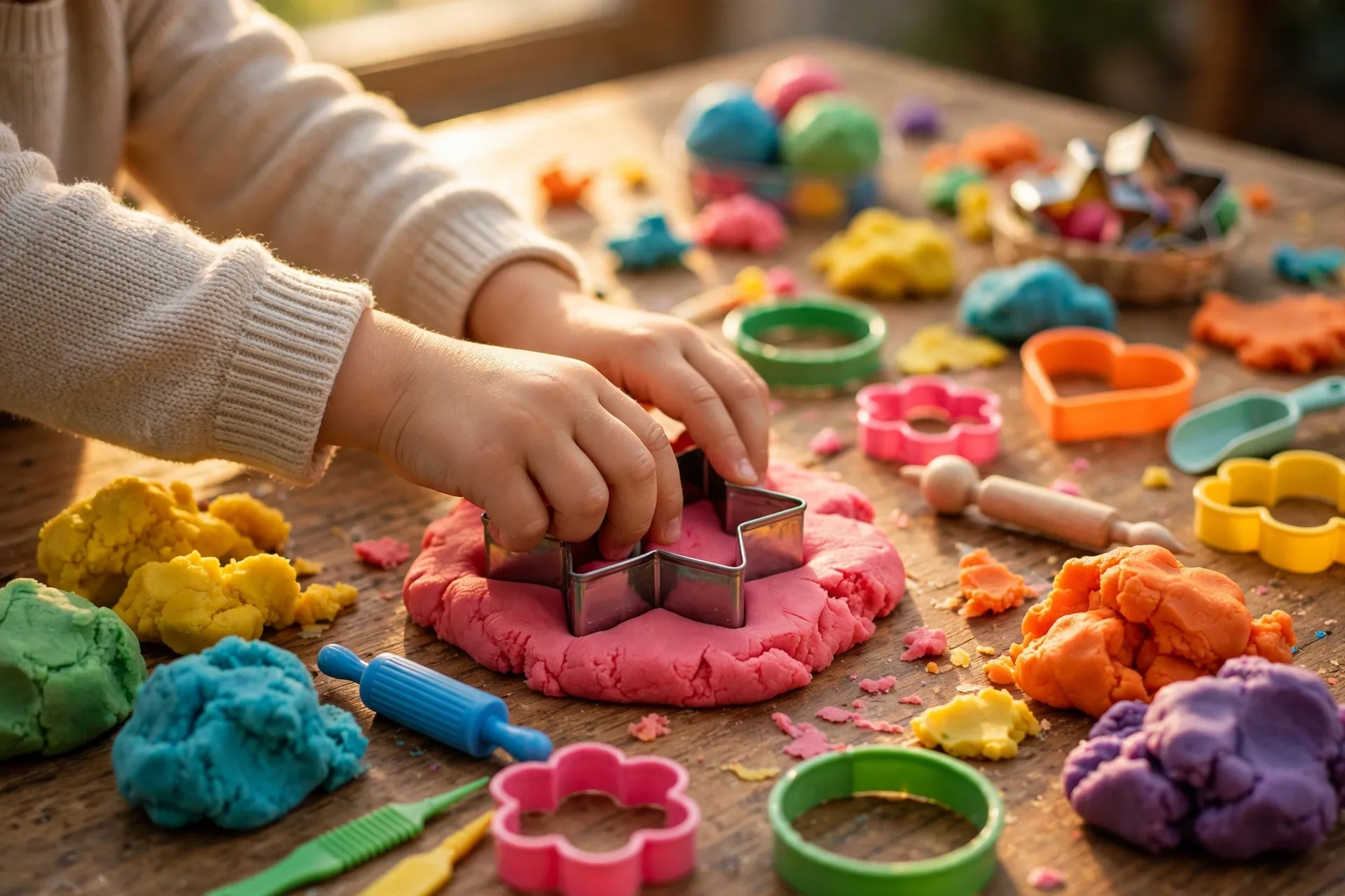 Play-Doh tools and cutters with colorful dough on a table