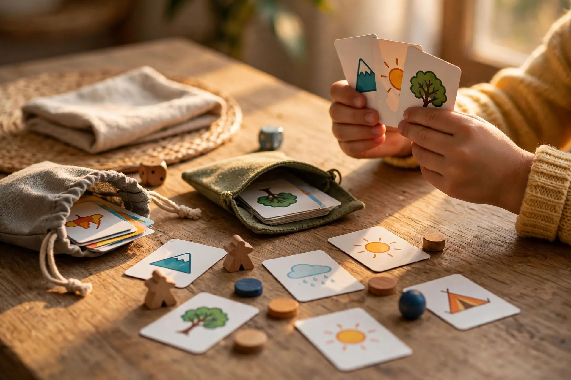A small travel card game spread on a table with a childs hands holding cards