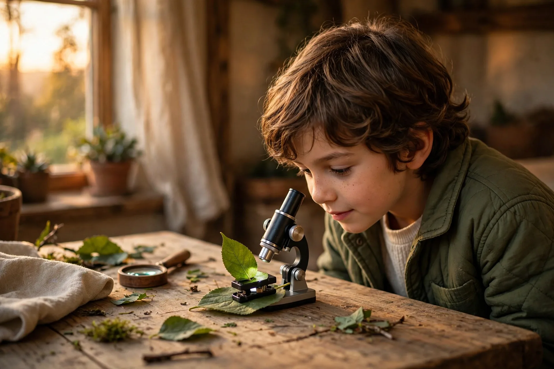 Pocket microscope examining a leaf on a table