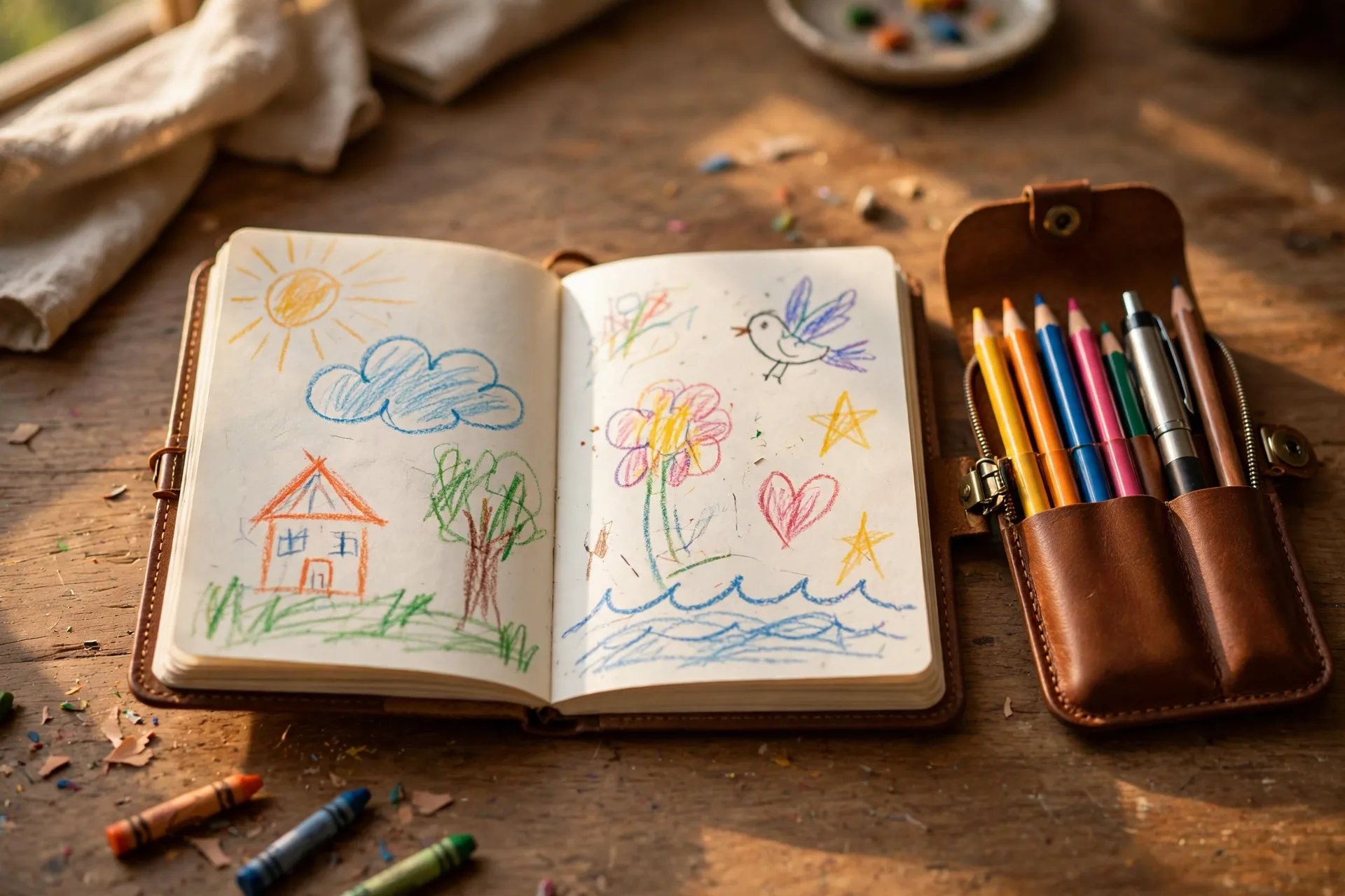 Pocket notebook and pen set on a desk with drawings inside