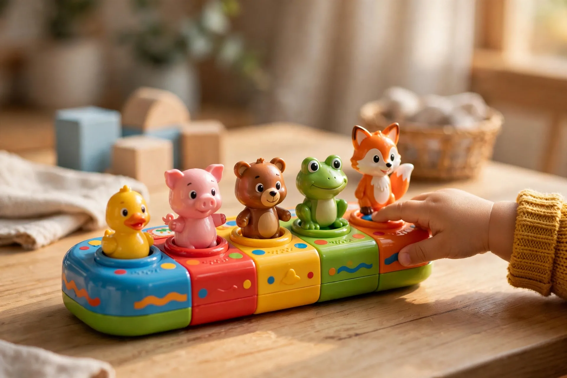 Pop-up toy with little animals popping out of colorful buttons