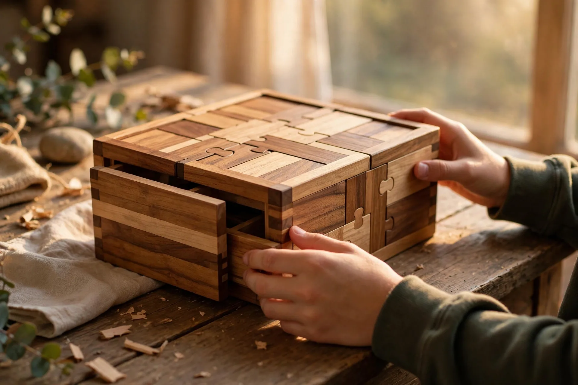 Wooden puzzle box with hidden compartments on a desk