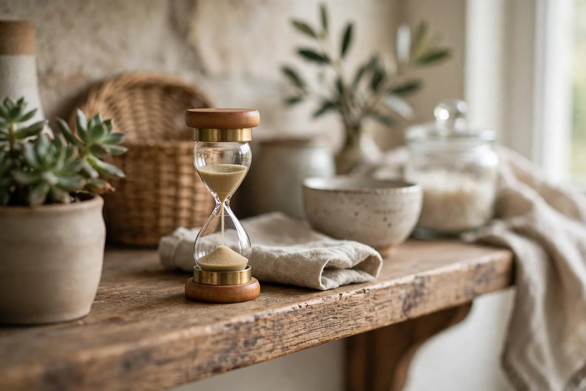 A small one minute hourglass sand timer standing on a kitchen shelf
