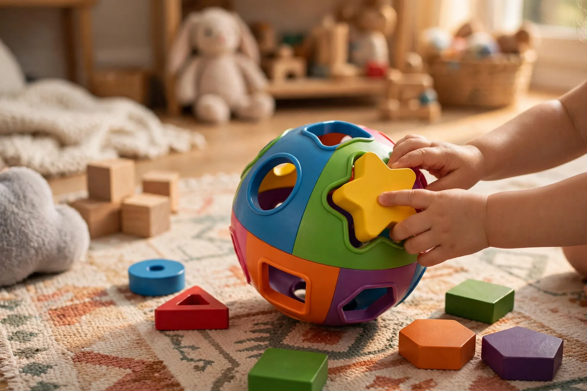 Shape sorter ball with chunky shapes on a playroom rug