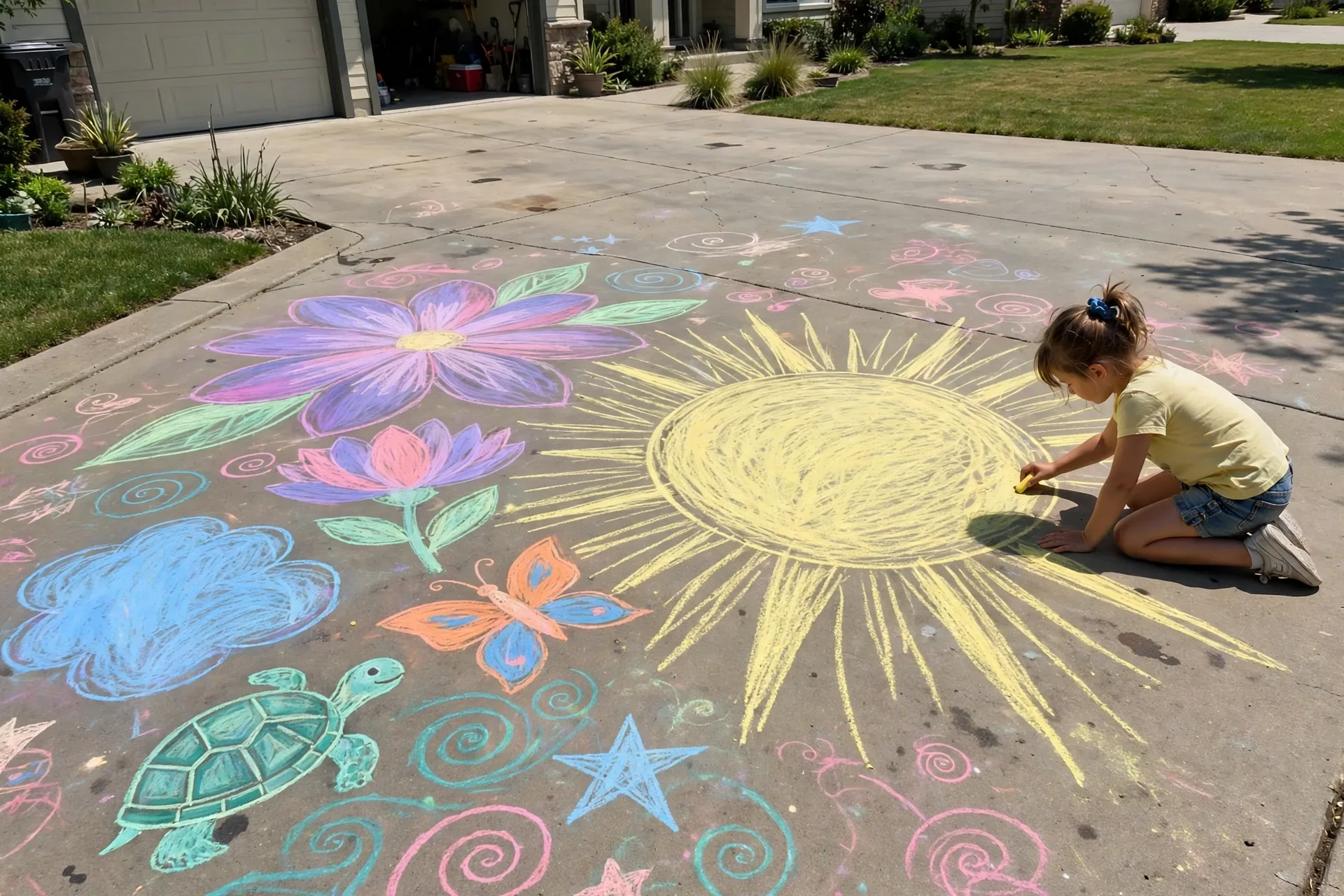Jumbo sidewalk chalk drawings on a driveway with a child drawing