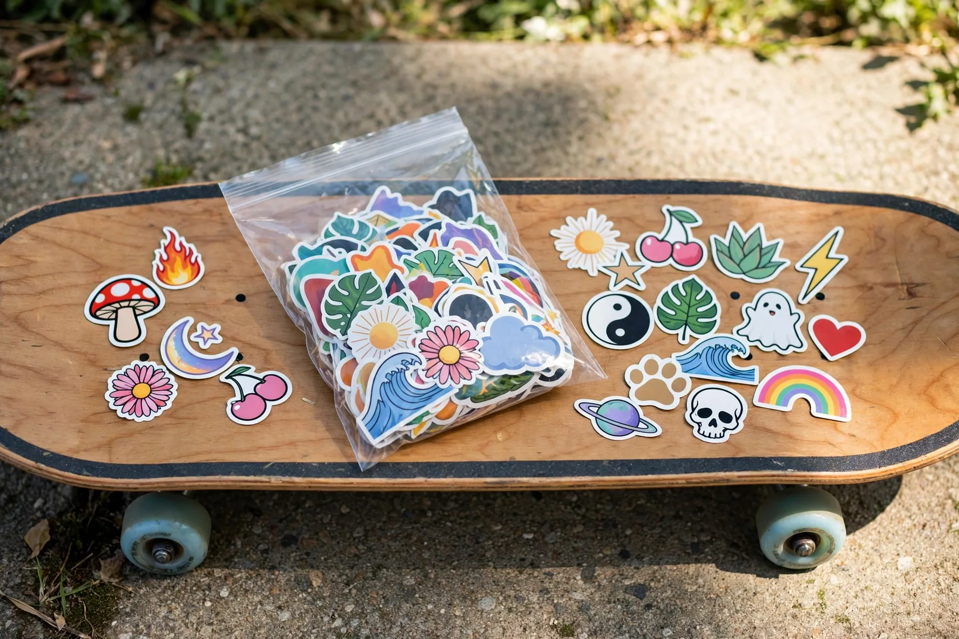 Skateboard sticker pack with vinyl stickers on a skateboard deck