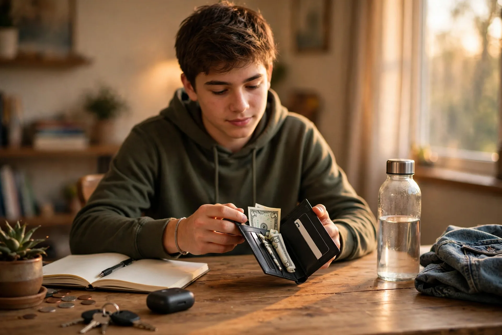Slim card wallet with a few dollars inside on a desk