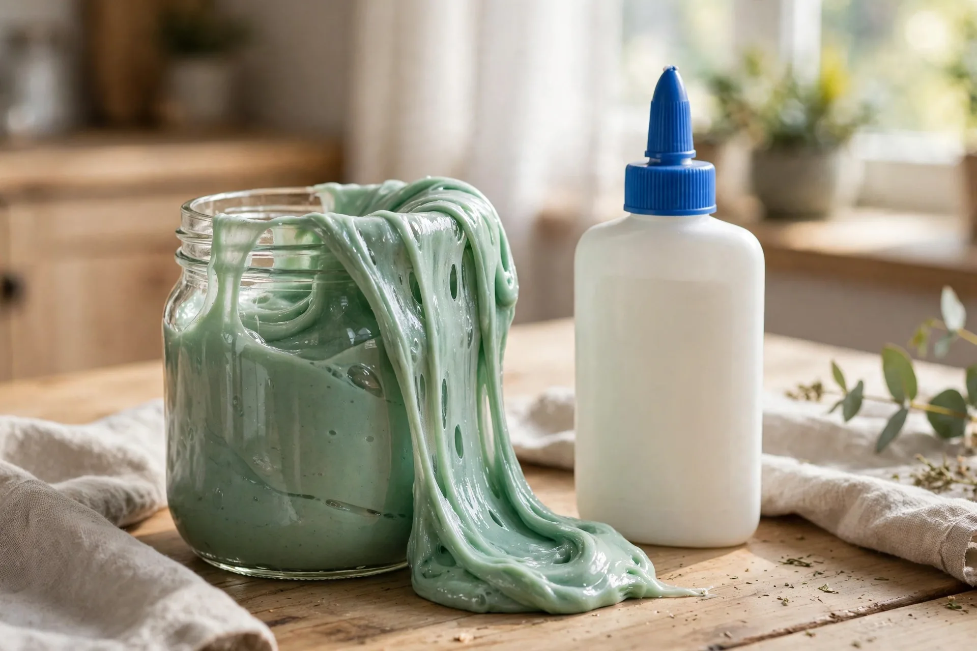 A jar of homemade slime with a bottle of washable glue beside it on a table