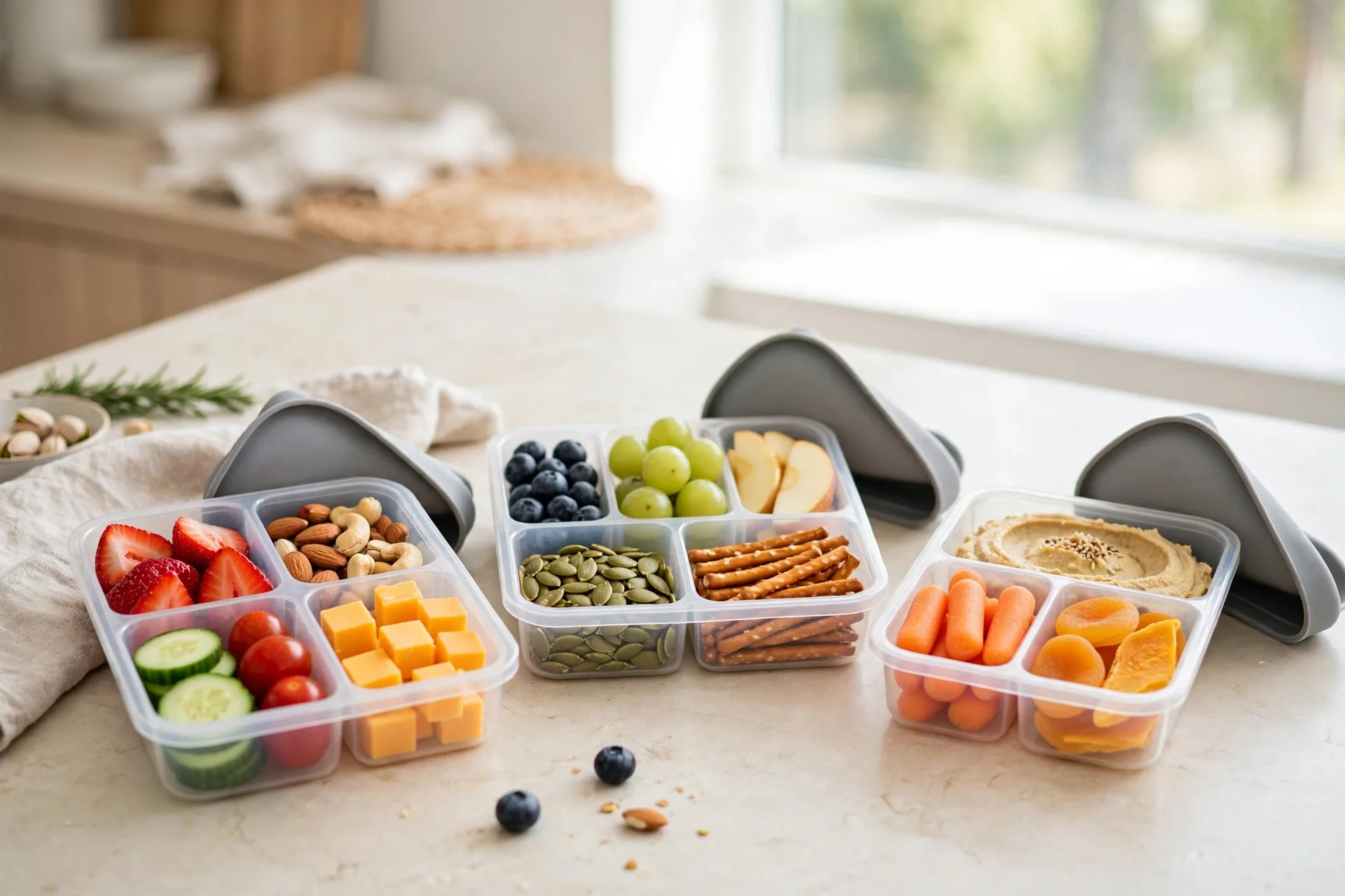 Reusable snack containers with compartments filled with snacks