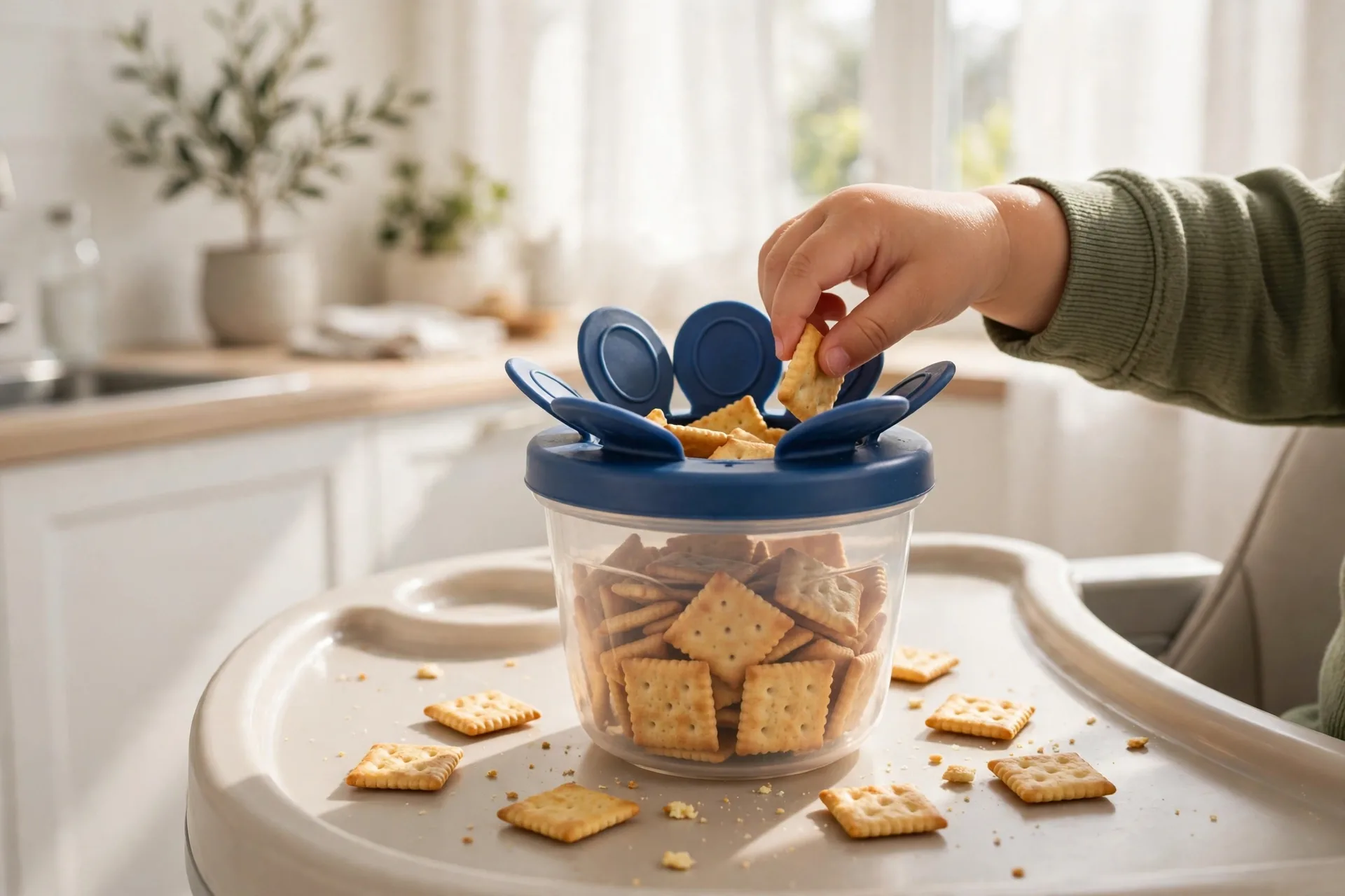 Spill-proof snack cup with crackers on a high chair tray