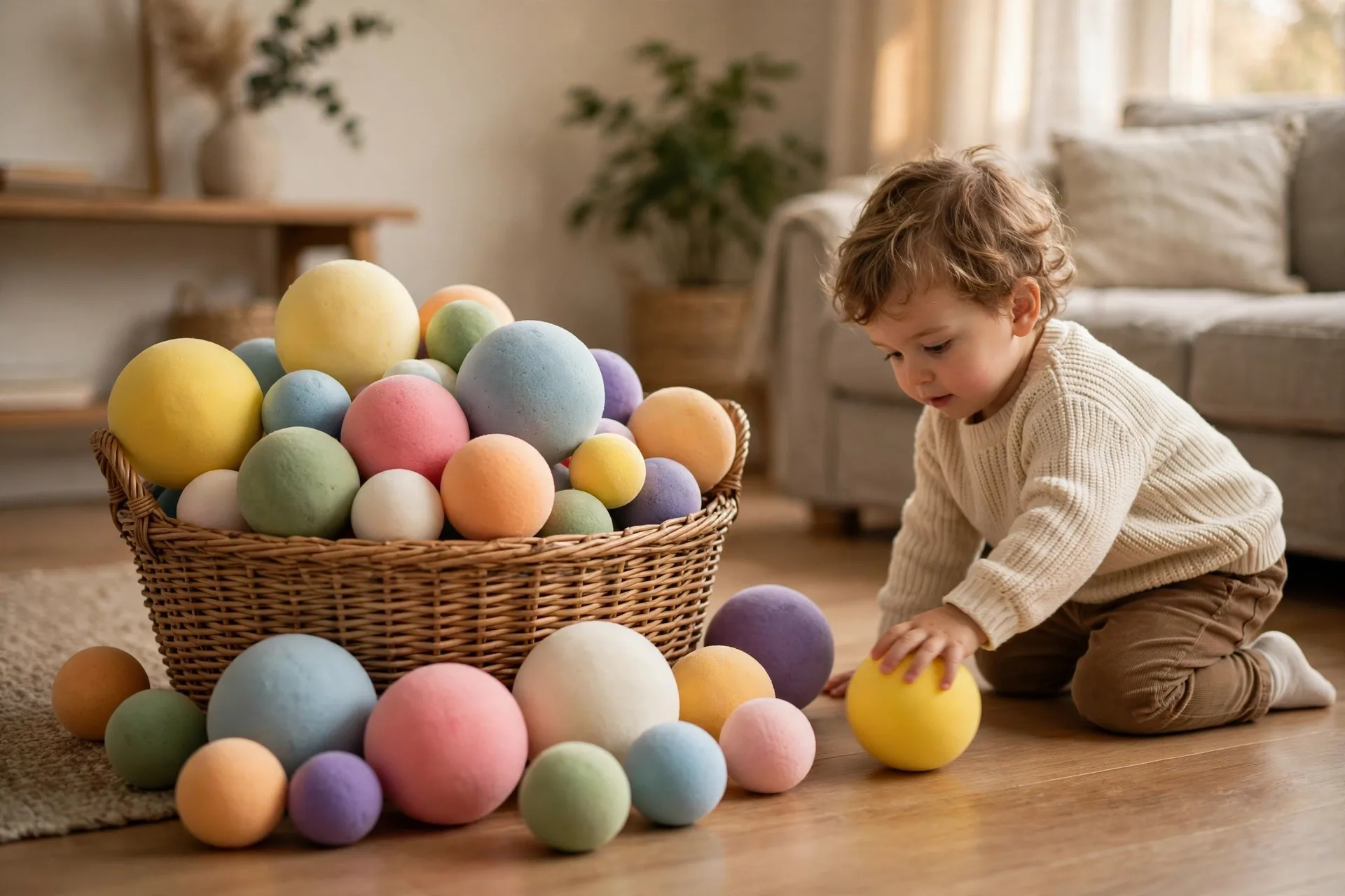 Soft foam balls in different sizes and colors in a basket