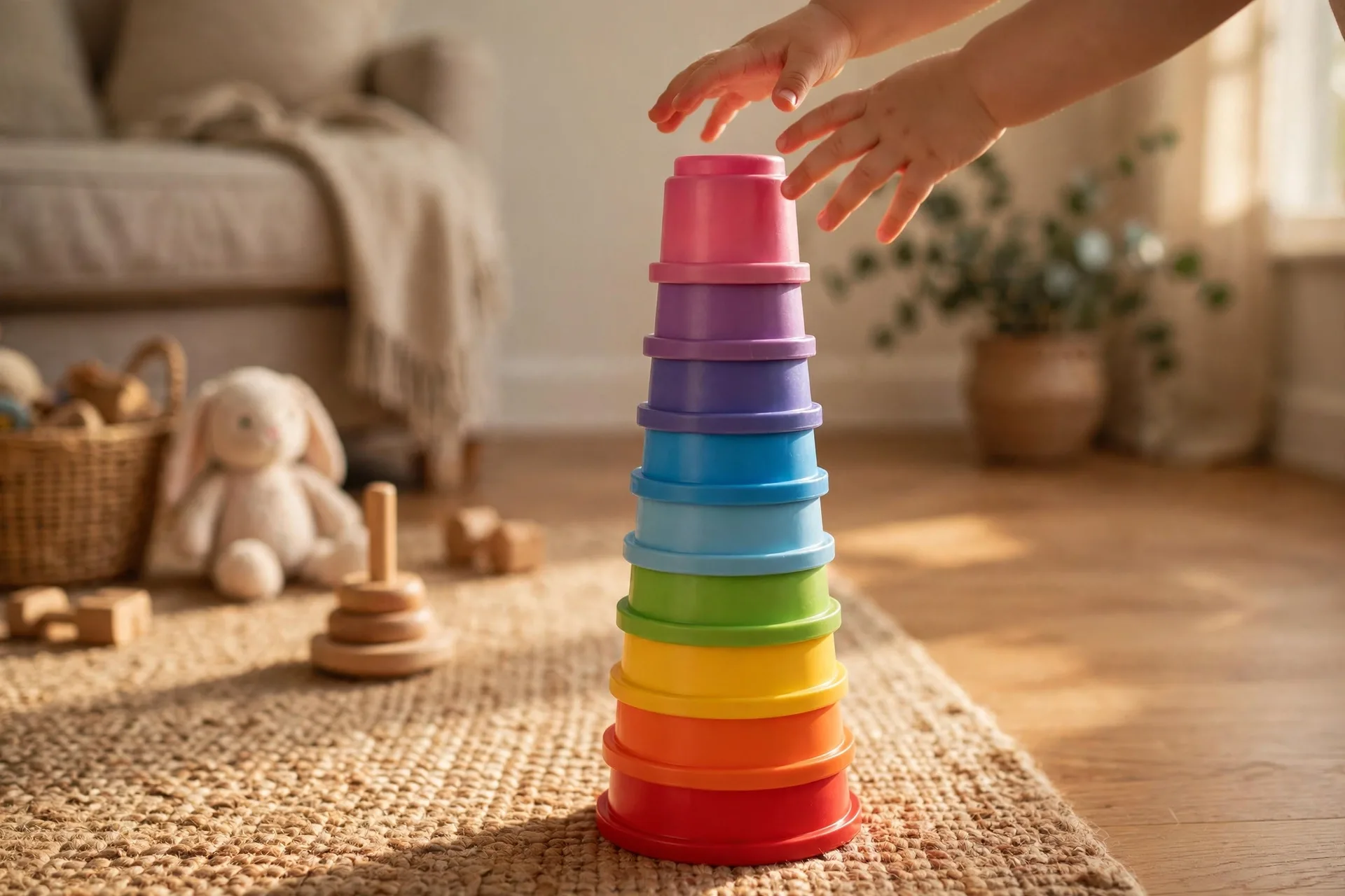 Colorful stacking cups built into a tower on a living room floor