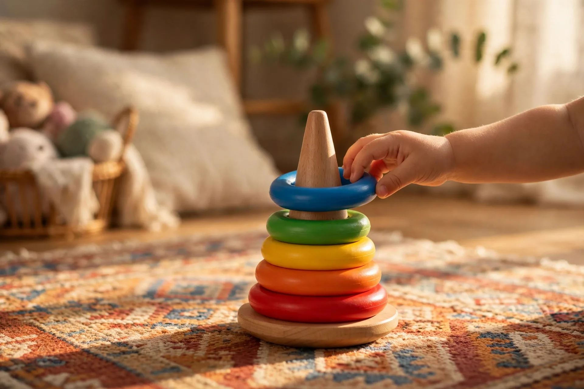 Colorful stacking rings on a cone base on a rug