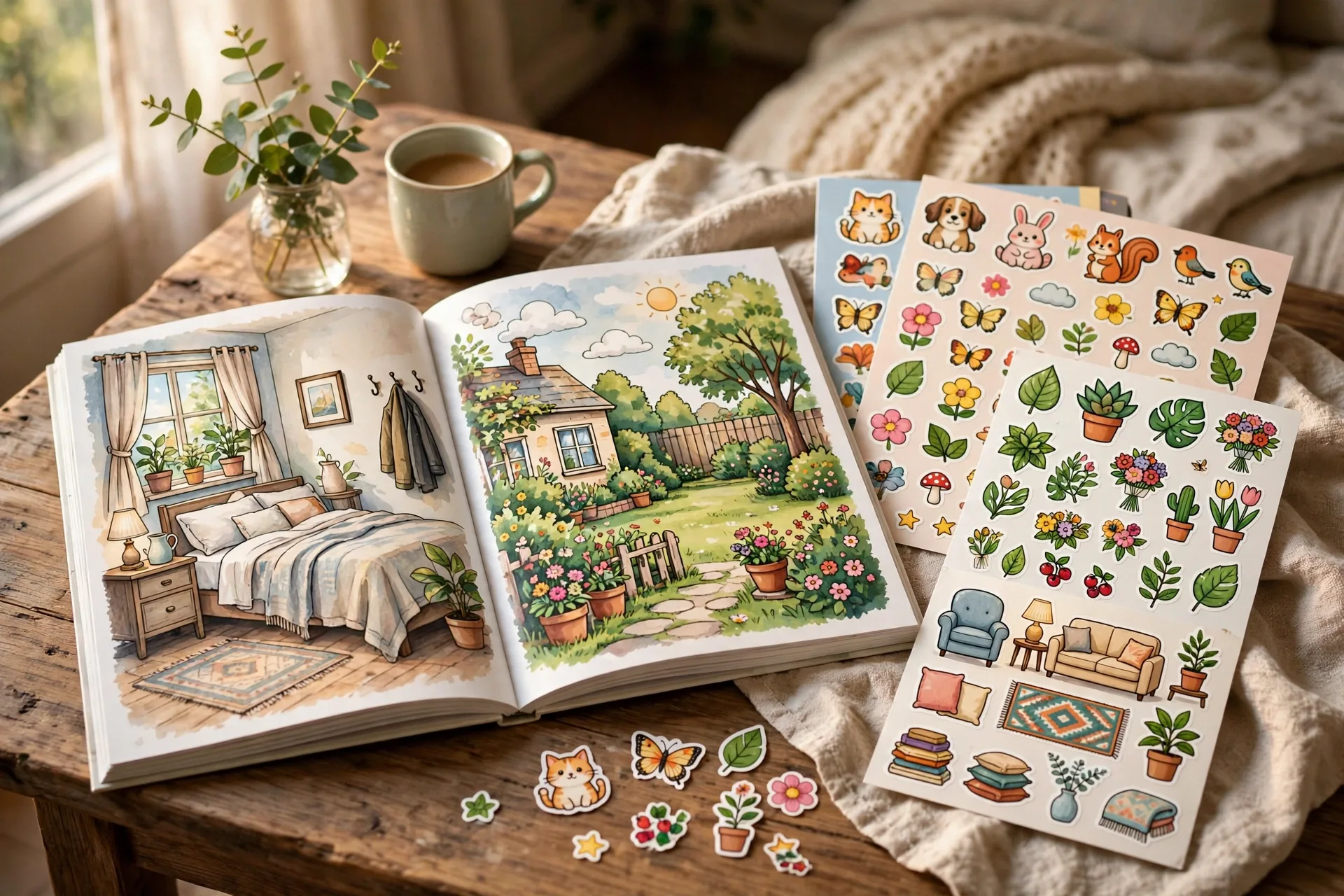 A reusable sticker activity book open on a table with sticker sheets beside it
