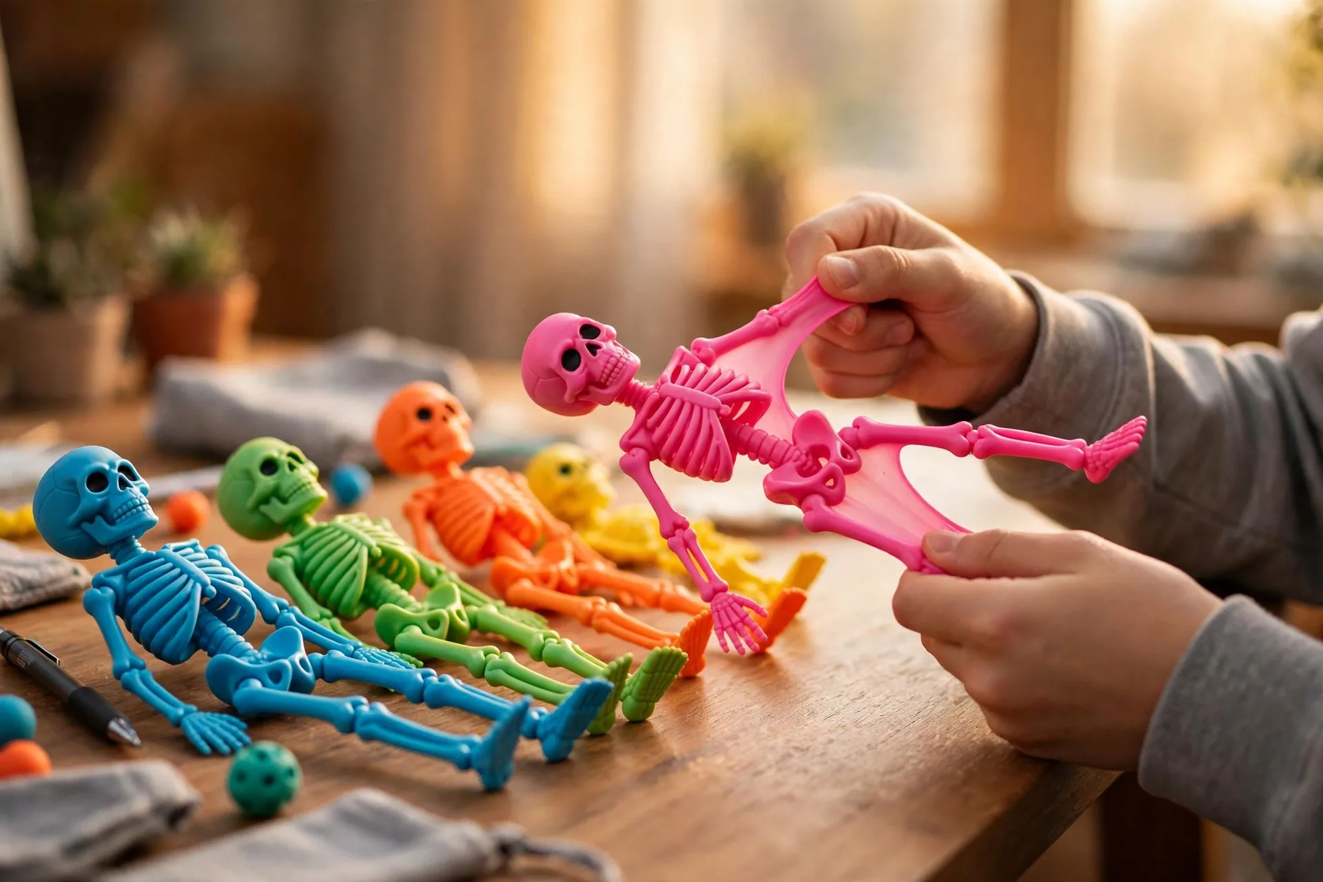 Stretchy skeleton figures in bright colors on a desk
