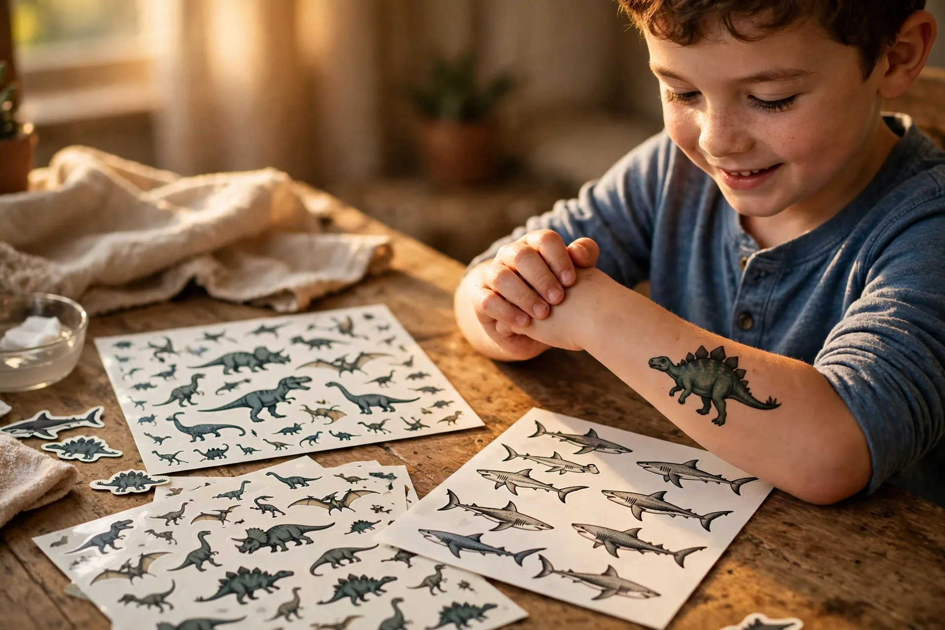 Temporary tattoo sheets with dinosaurs and sharks on a table