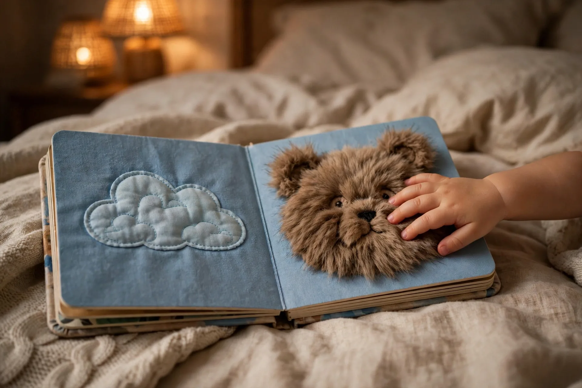 Touchy-feely board book open on a bed with a furry animal patch