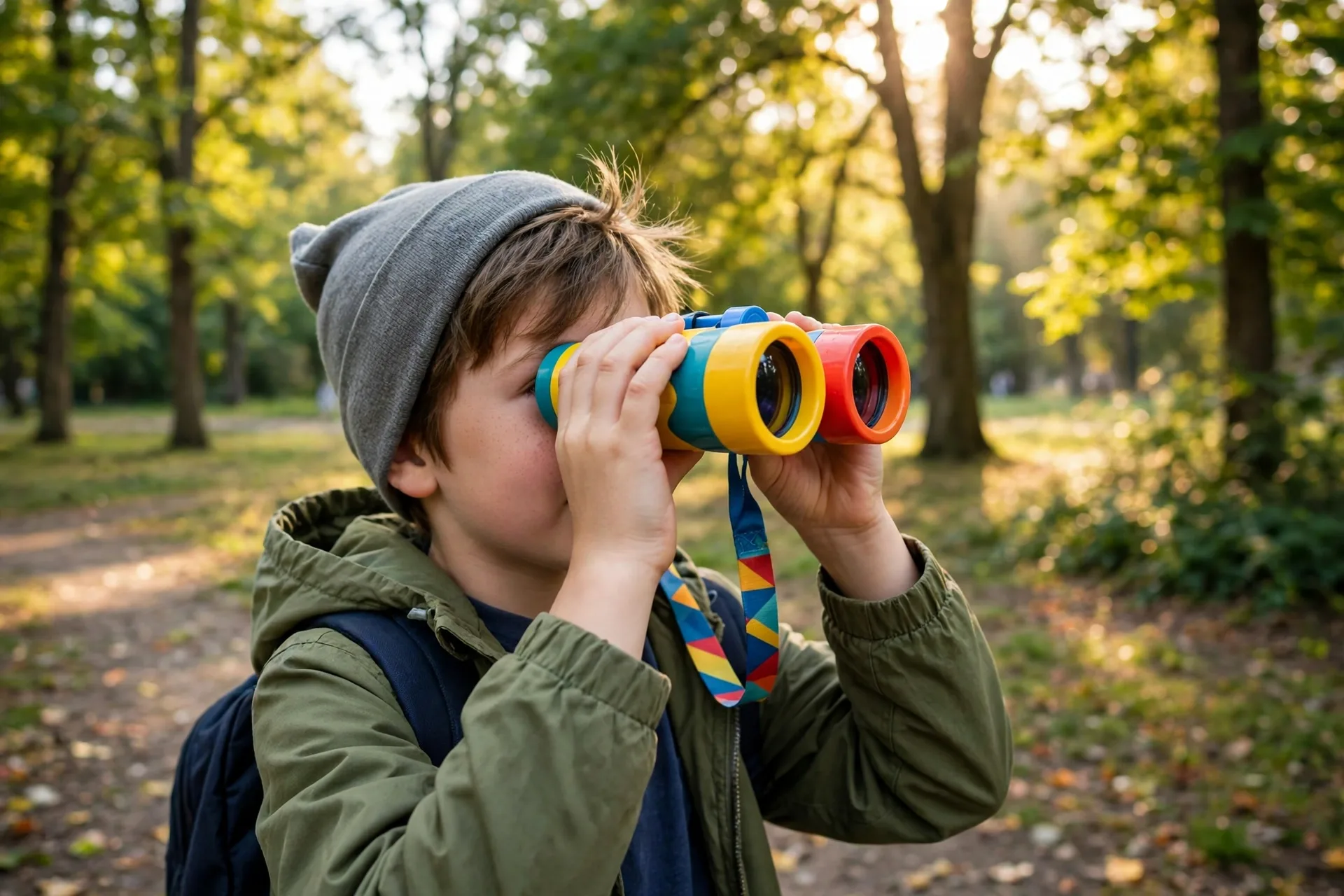 Toy binoculars hanging around a childs neck on a nature walk