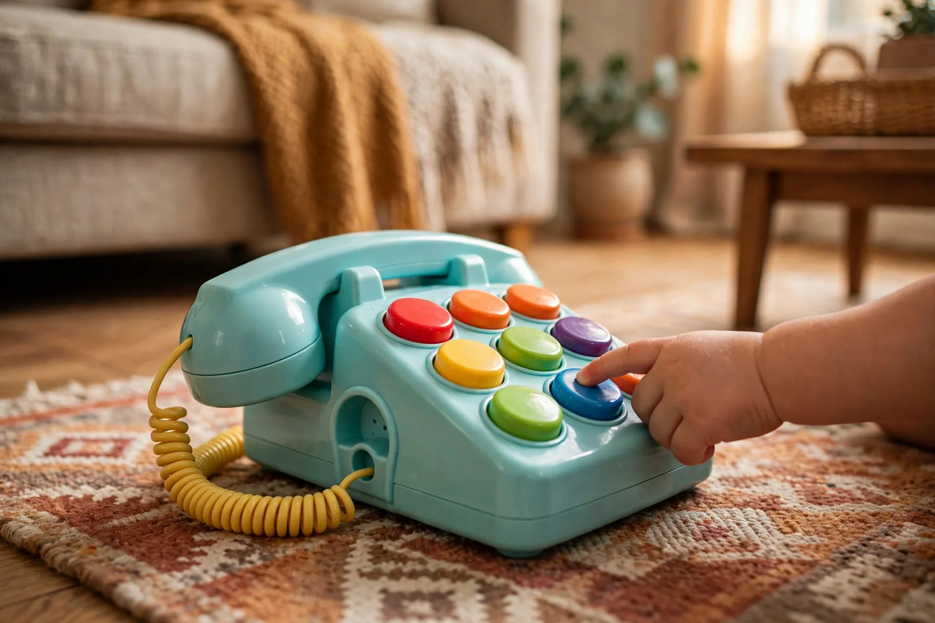 Chunky toy phone with big colorful buttons on a rug