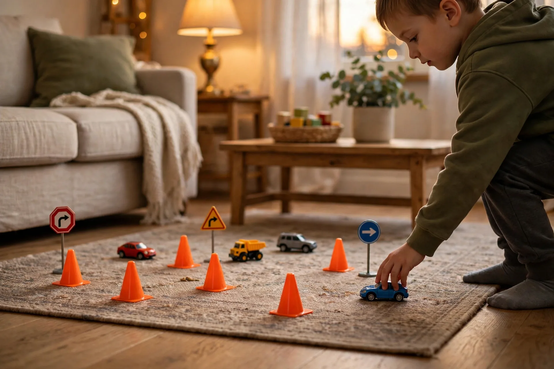 Play traffic cones and road signs set up with toy cars on a rug