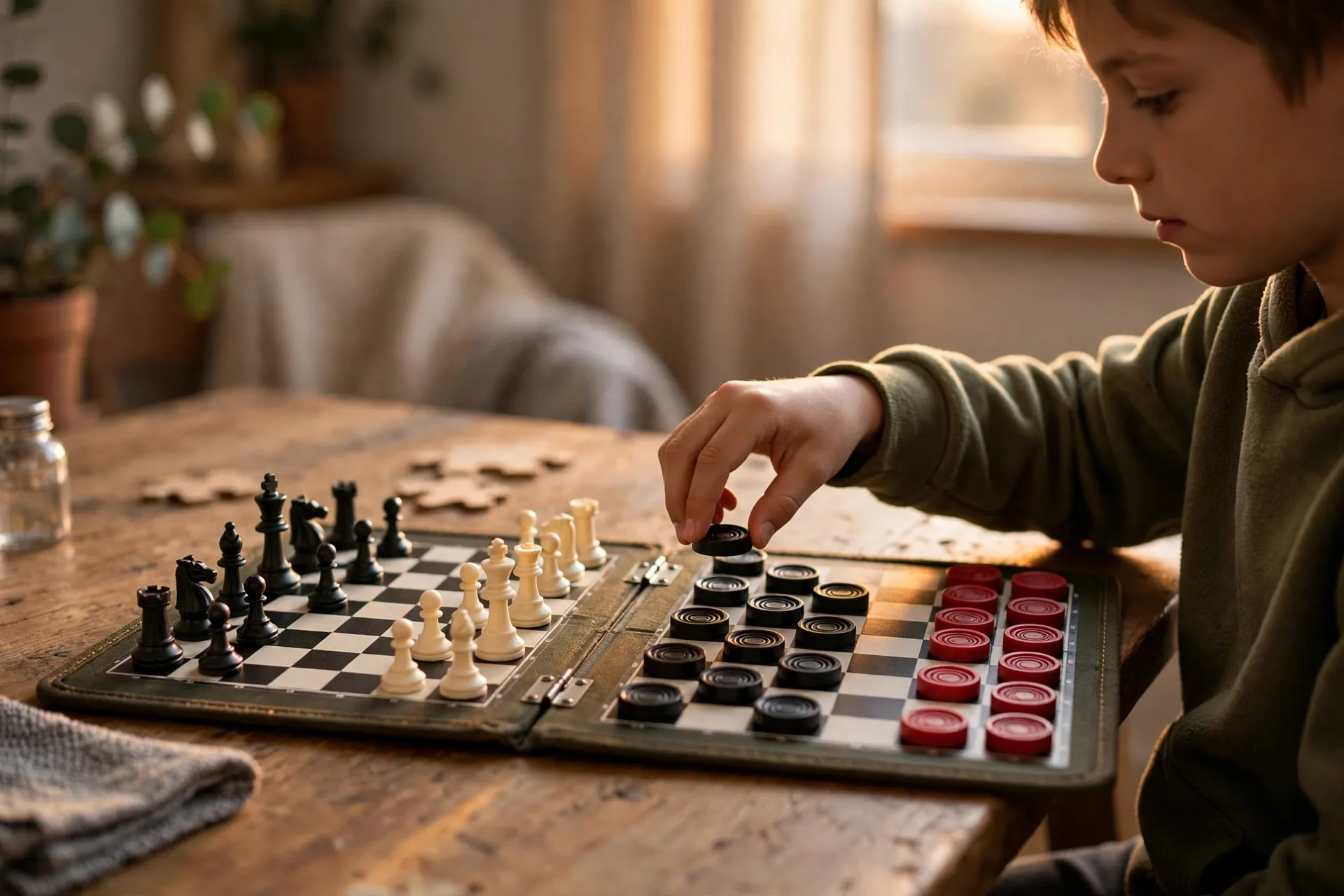 Magnetic travel chess and checkers set open on a car seat