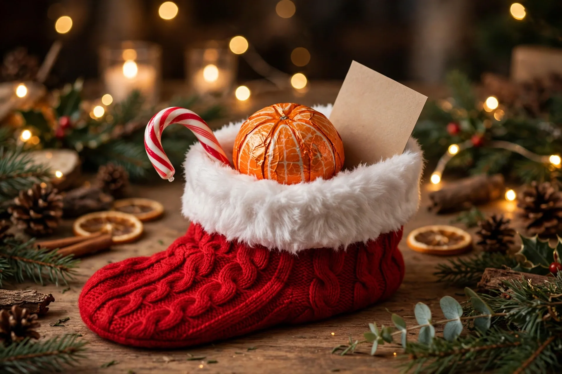 A candy cane, chocolate orange and small gift card tucked into a Christmas stocking