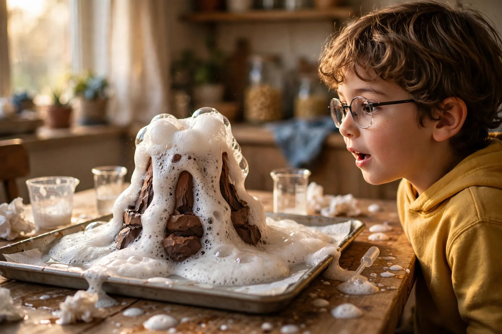 Mini volcano experiment kit erupting with fizzy foam on a tray