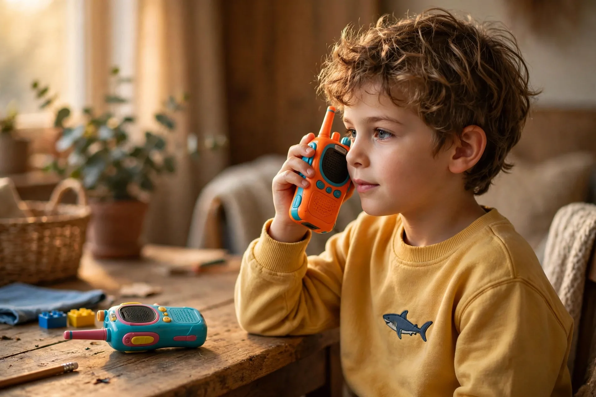 Pair of colorful kids walkie-talkies on a table